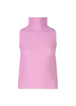 The STRETCH PLEATS 5 by me ISSEY MIYAKE is a light pink, sleeveless pleated top with a high neck, shown against a plain white background. - LILAC (no.20)