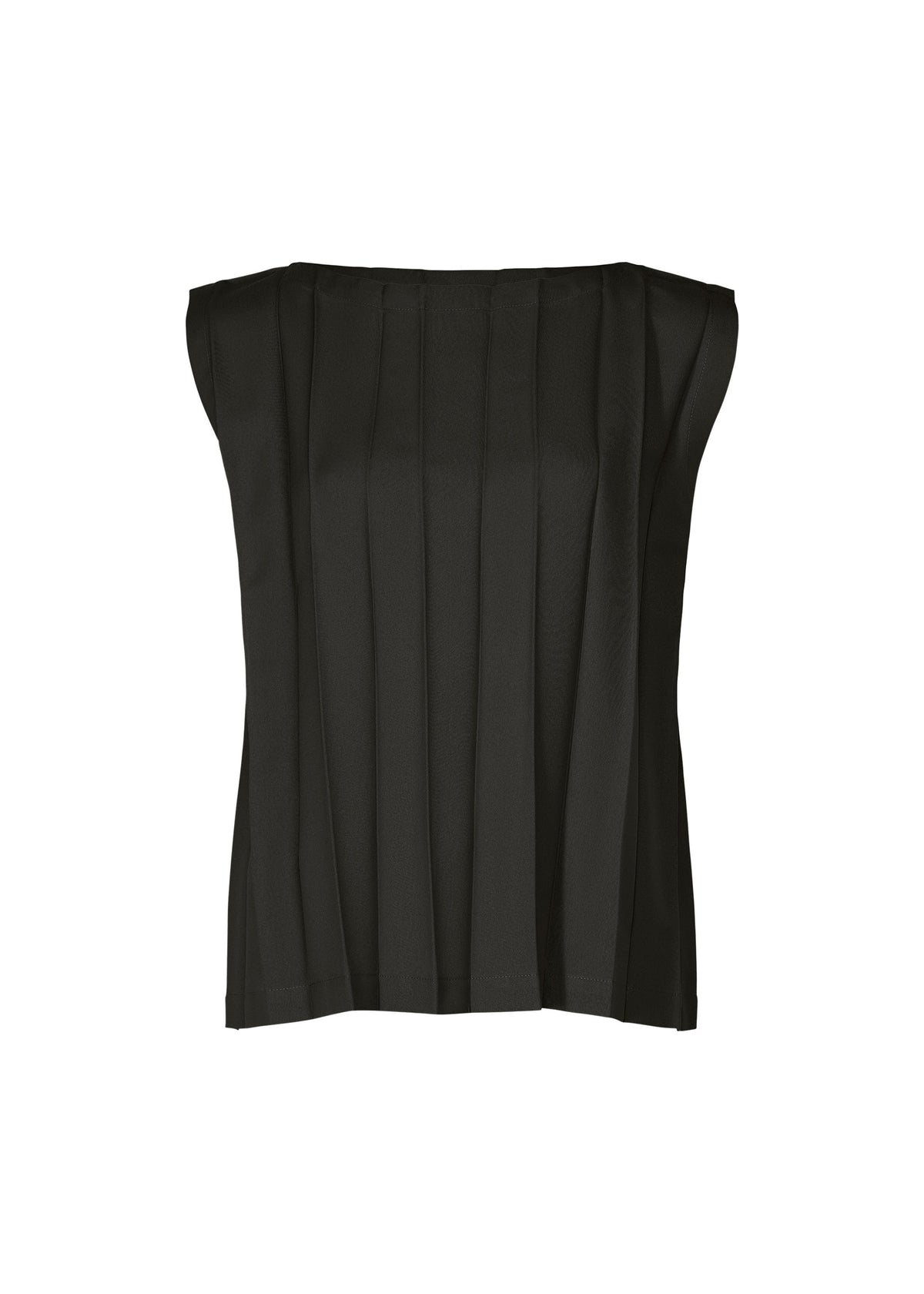 The CROSS PLEATS by me ISSEY MIYAKE is a sleeveless black top featuring a boat neckline and vertical stretch pleats, highlighted with exquisite hand-pleating, shown on a white background. view 1 of 8