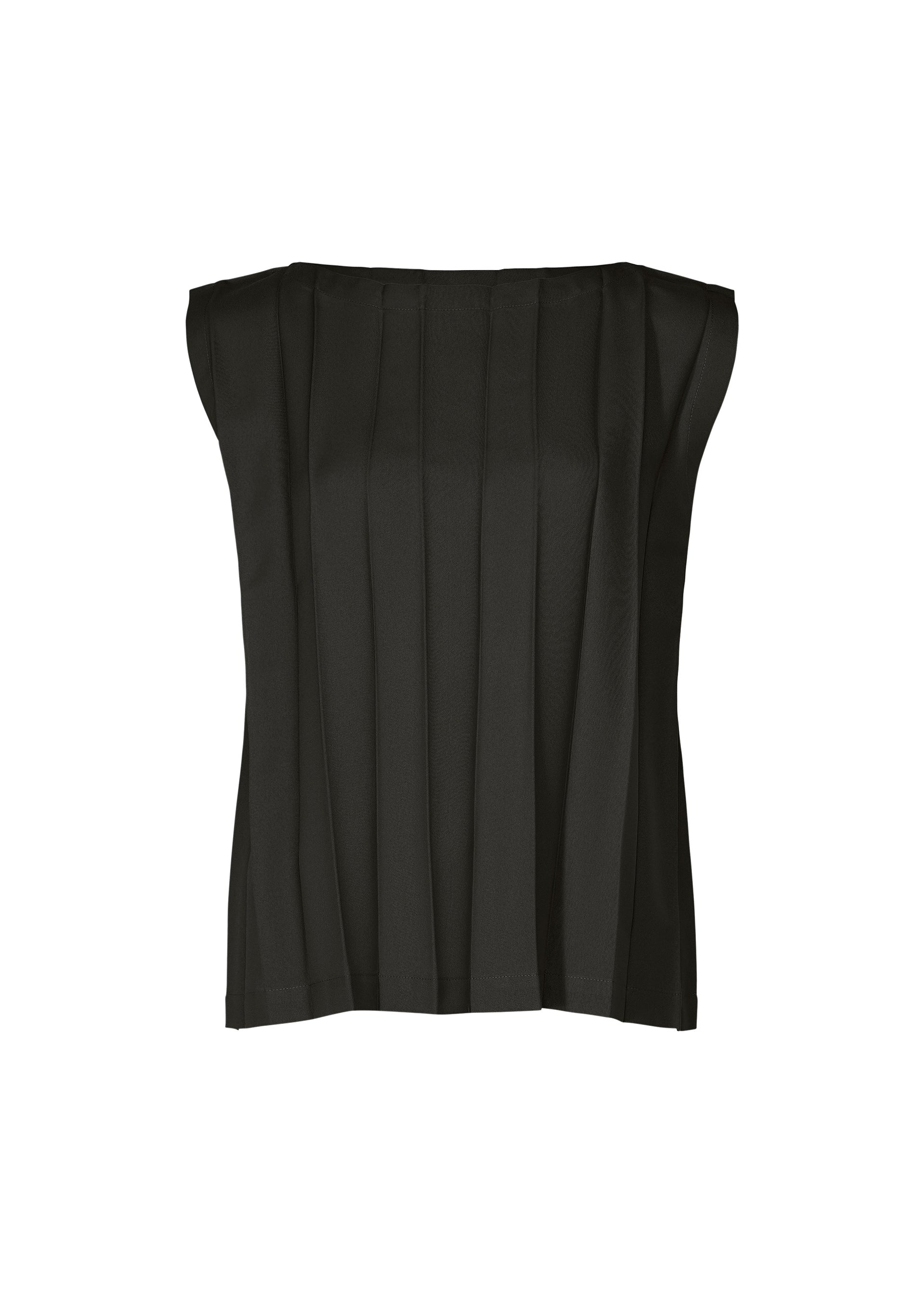 Zoomed view The CROSS PLEATS by me ISSEY MIYAKE is a sleeveless black top featuring a boat neckline and vertical stretch pleats, highlighted with exquisite hand-pleating, shown on a white background. - BLACK （no.15）