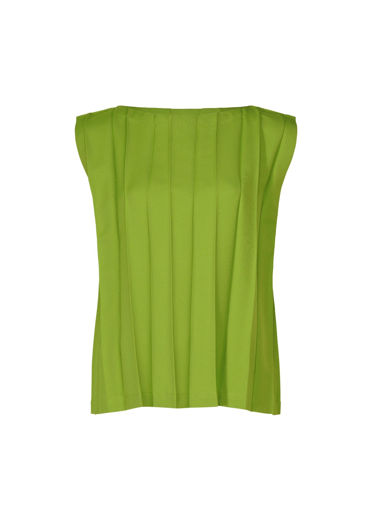 The CROSS PLEATS sleeveless top by me ISSEY MIYAKE is shown in bright green, featuring hand-pleated vertical stretch pleats and a wide round neckline, set against a white background. view 2 of 8