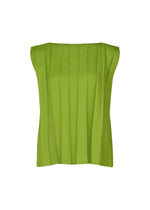 The CROSS PLEATS sleeveless top by me ISSEY MIYAKE is shown in bright green, featuring hand-pleated vertical stretch pleats and a wide round neckline, set against a white background. - LEAF GREEN （no.60）