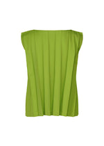 The CROSS PLEATS sleeveless top by me ISSEY MIYAKE showcases vertical stretch pleats and a boat neckline in bright green, expertly hand-pleated and displayed against a plain white background.