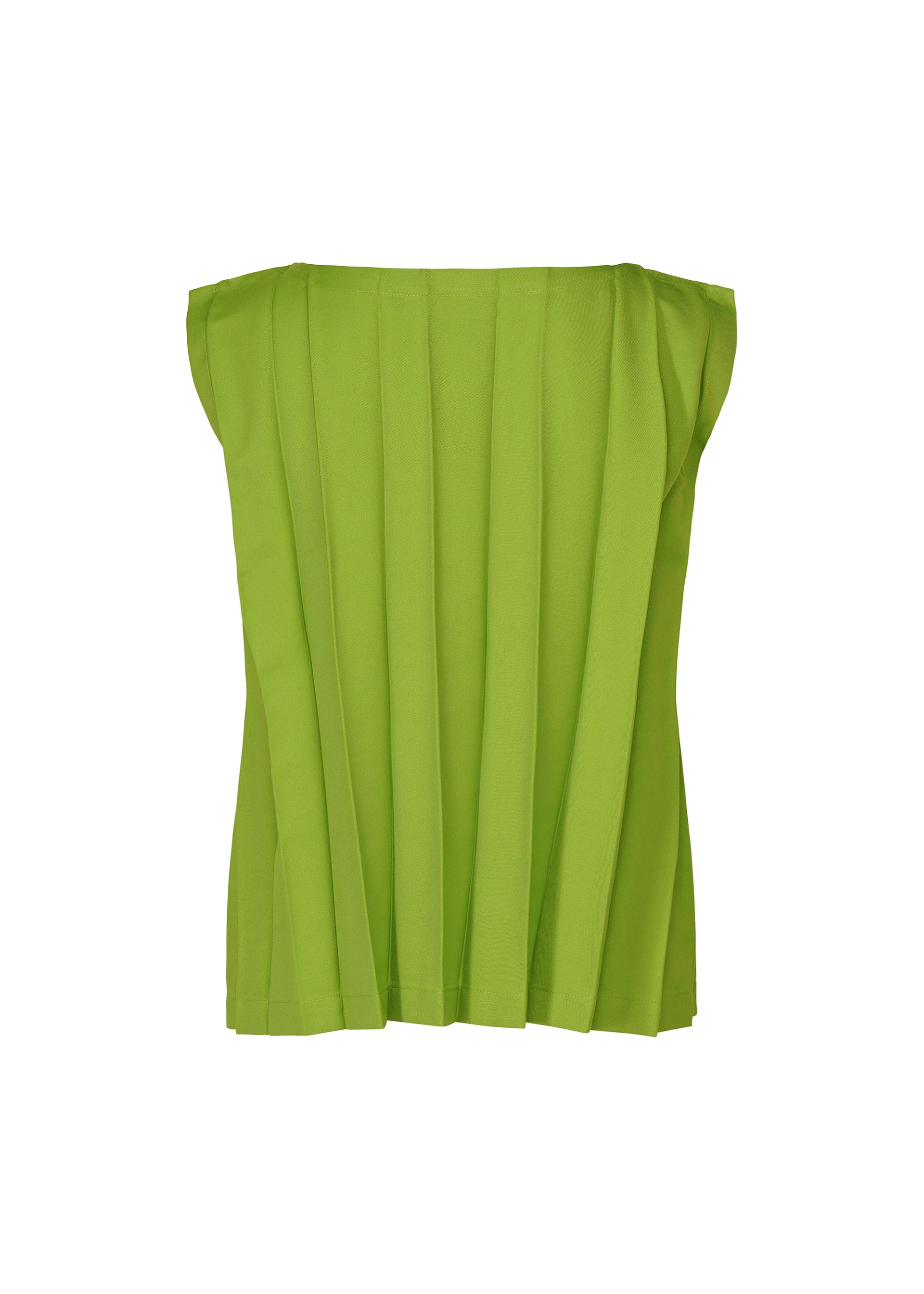 Zoomed view The CROSS PLEATS sleeveless top by me ISSEY MIYAKE showcases vertical stretch pleats and a boat neckline in bright green, expertly hand-pleated and displayed against a plain white background.