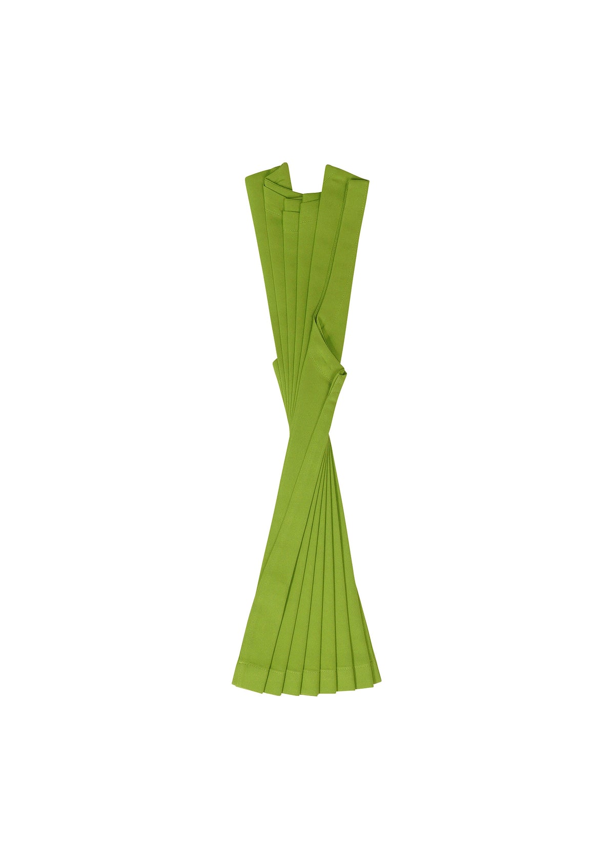 The CROSS PLEATS by me ISSEY MIYAKE, a bright green cummerbund with stretch pleats, is displayed vertically against a plain white background. view 5 of 8