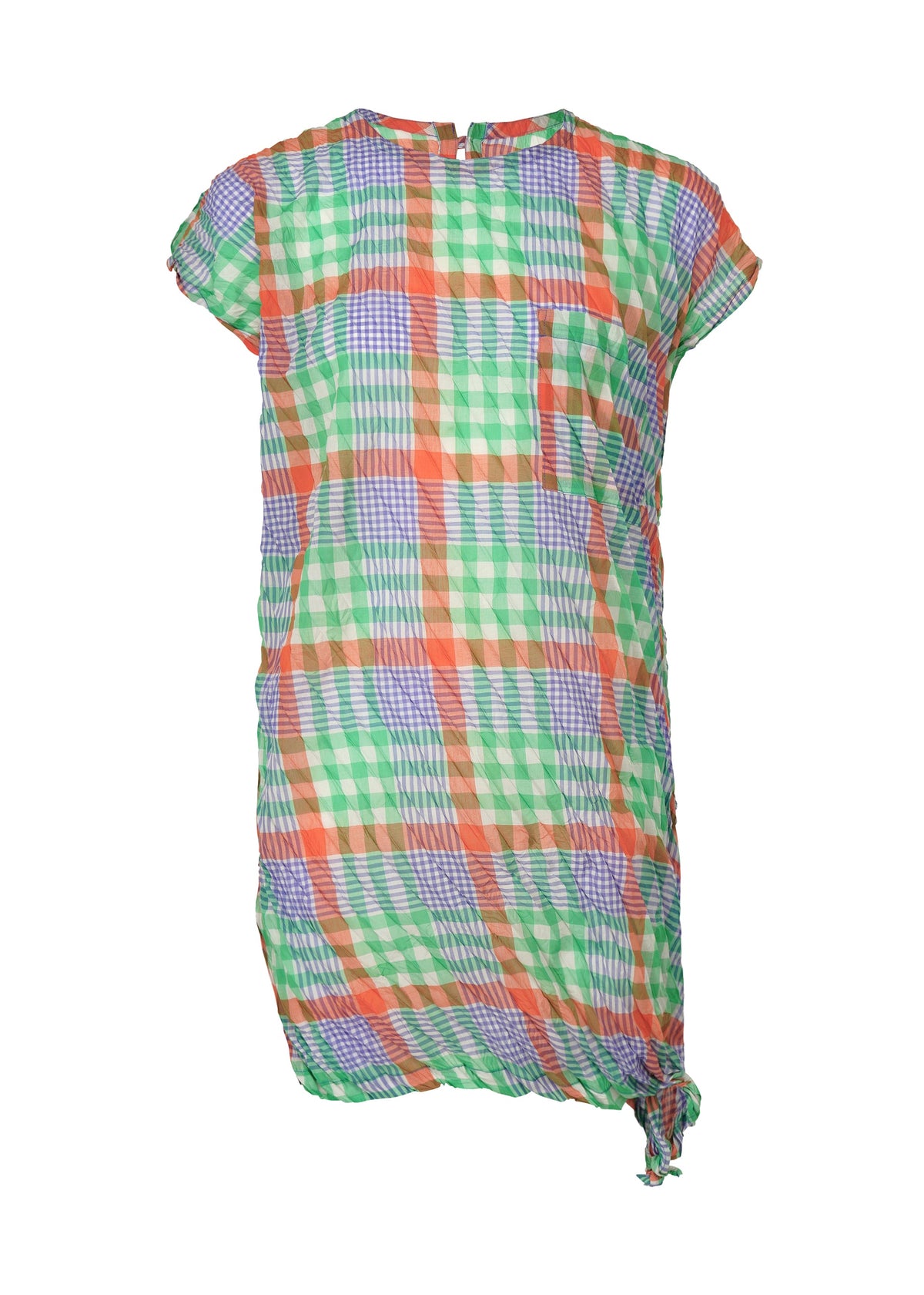 The CHECK WHIPPED PLEATS SHIRT by me ISSEY MIYAKE is a short-sleeved, yarn-dyed tunic with a colorful green, orange, white, and blue plaid pattern. It offers a loose fit, round neckline, and knot detail at the bottom right hem. view 1 of 7