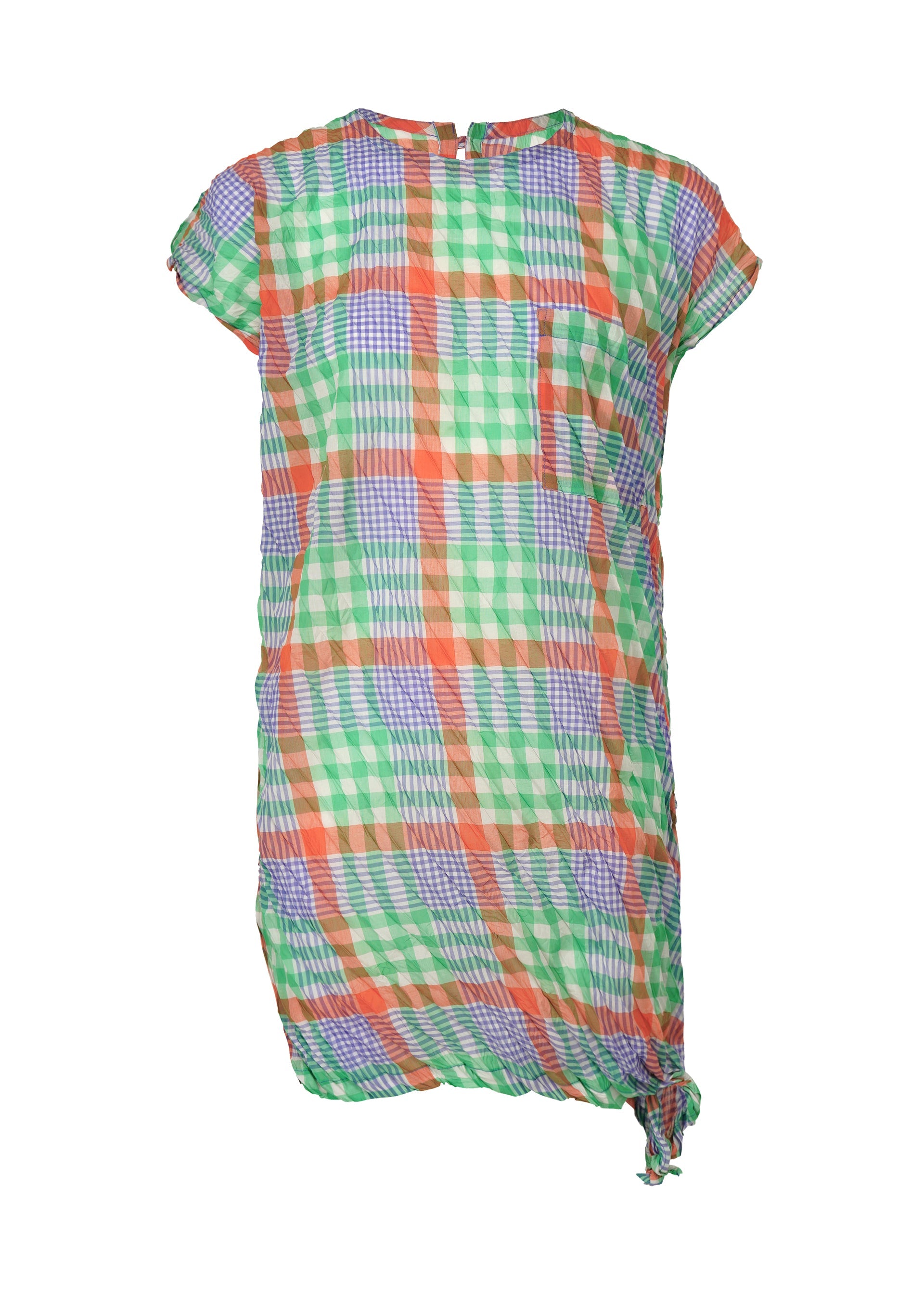 Zoomed view The CHECK WHIPPED PLEATS SHIRT by me ISSEY MIYAKE is a short-sleeved, yarn-dyed tunic with a colorful green, orange, white, and blue plaid pattern. It offers a loose fit, round neckline, and knot detail at the bottom right hem. - ORANGE MIX （no.39）