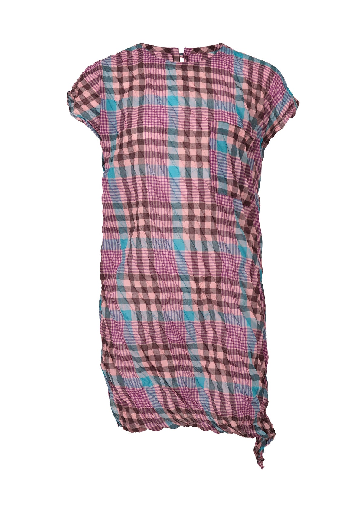 The CHECK WHIPPED PLEATS SHIRT by me ISSEY MIYAKE is a short-sleeved, knee-length yarn-dyed pink, blue, and black checkered tunic with a chest pocket and knot detail at the bottom hem for added style. view 2 of 7