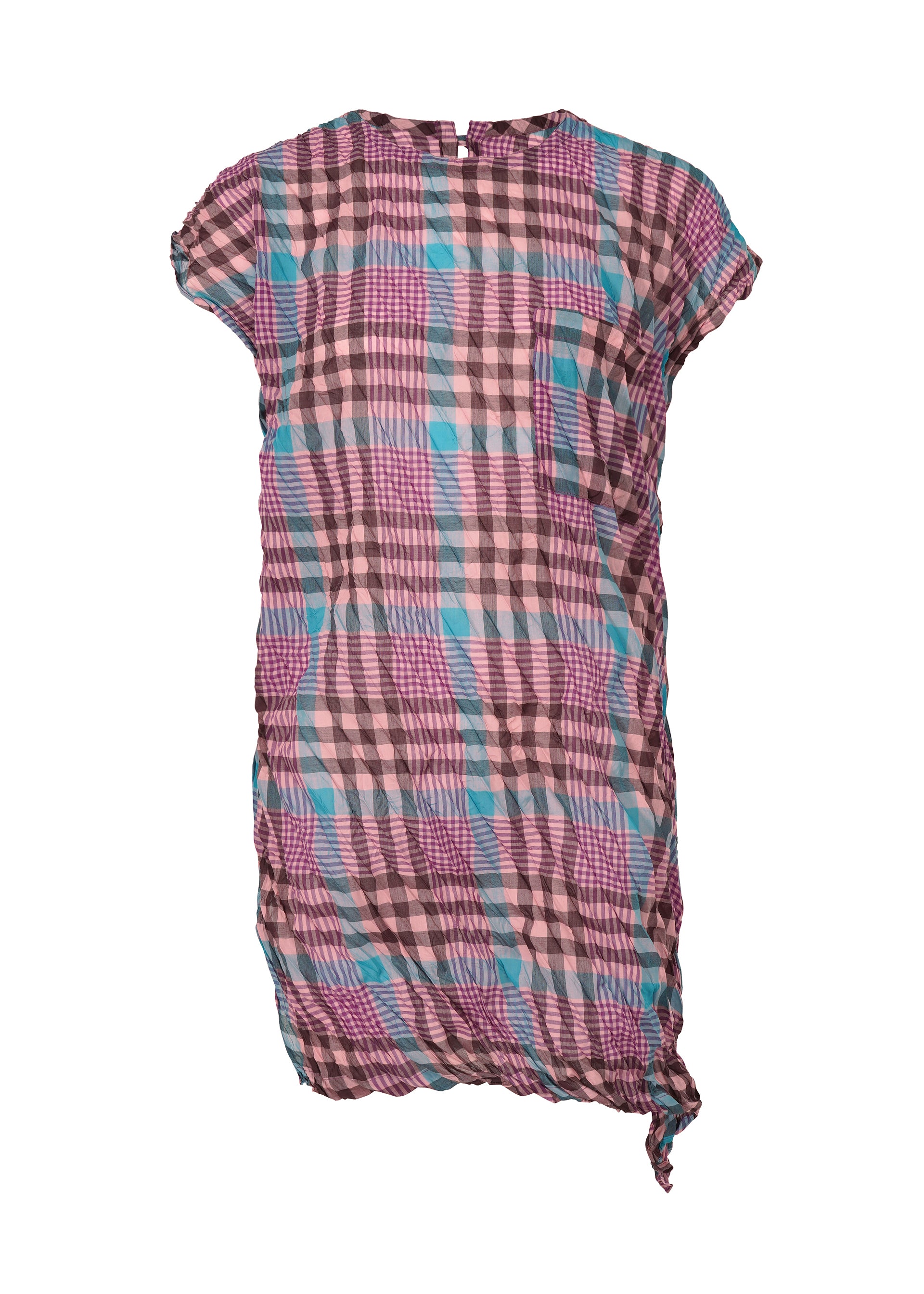 Zoomed view The CHECK WHIPPED PLEATS SHIRT by me ISSEY MIYAKE is a short-sleeved, knee-length yarn-dyed pink, blue, and black checkered tunic with a chest pocket and knot detail at the bottom hem for added style. - BLUE MIX （no.90）