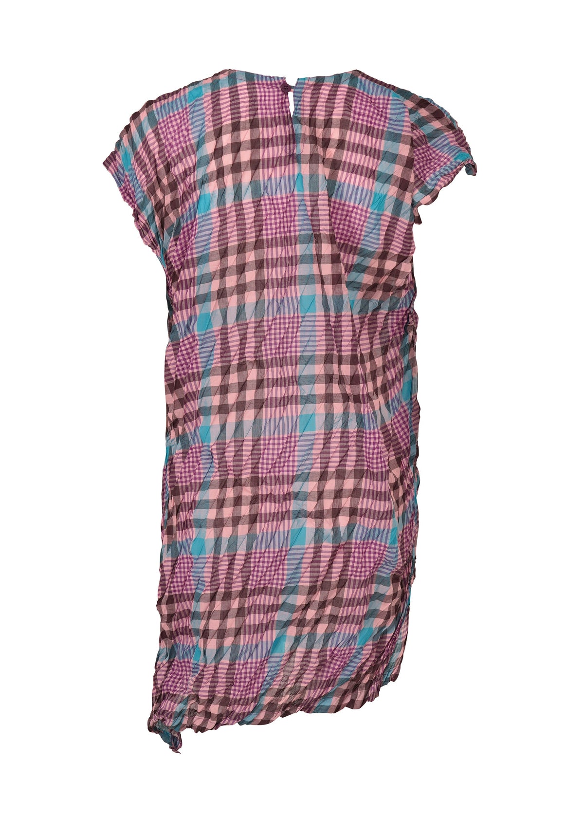 The CHECK WHIPPED PLEATS SHIRT by me ISSEY MIYAKE is a short-sleeved, knee-length tunic dress with yarn-dyed checks, crinkled texture, and an asymmetrical hem in pink, blue, and black shades shown on a white background. view 3 of 7