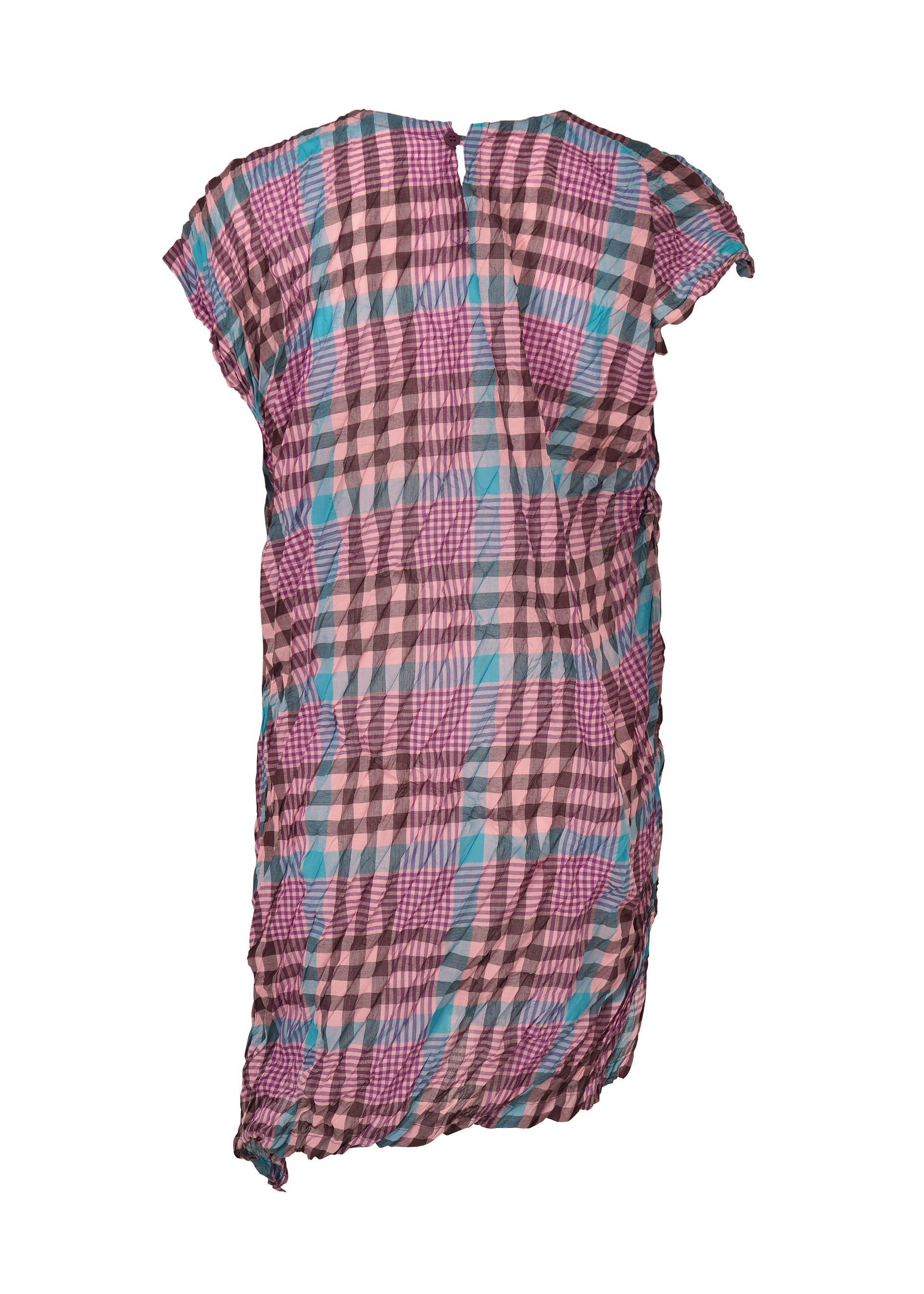 Zoomed view The CHECK WHIPPED PLEATS SHIRT by me ISSEY MIYAKE is a short-sleeved, knee-length tunic dress with yarn-dyed checks, crinkled texture, and an asymmetrical hem in pink, blue, and black shades shown on a white background.