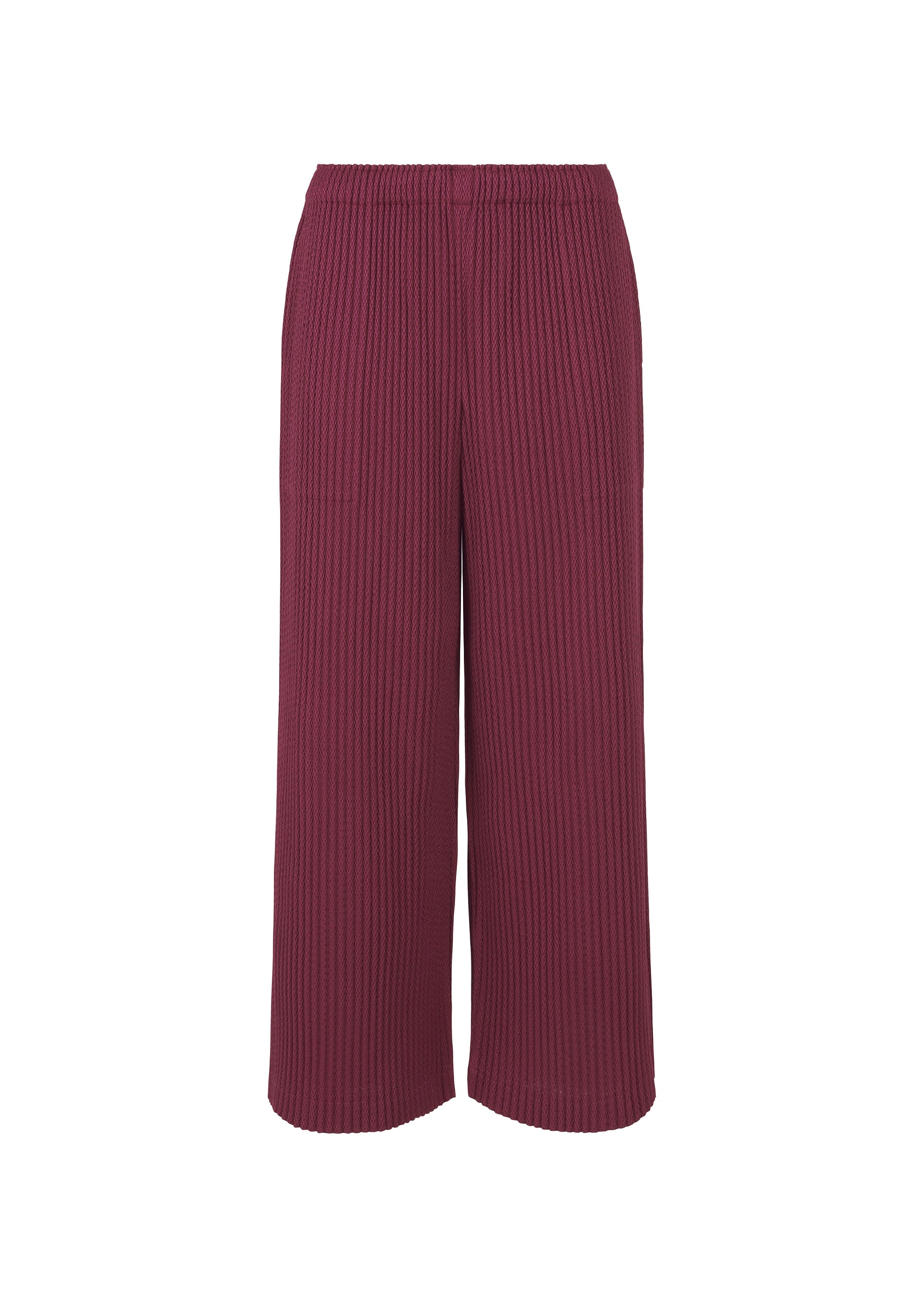 Zoomed view The WARM MESH PLEATS pants by me ISSEY MIYAKE feature a wide-leg, relaxed fit in deep burgundy with an elastic waistband and vertical ribbing. Subtle pleats add texture. Shown against a white background. - RASPBERRY （no.23）