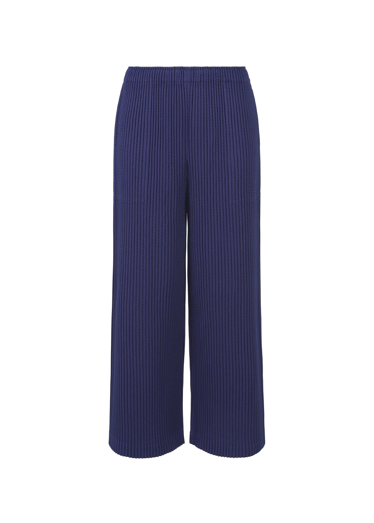 The WARM MESH PLEATS wide-leg, high-waisted navy pants by me ISSEY MIYAKE feature ribbed knit fabric, pleated detailing, and an elastic waistband, shown against a white background. view 3 of 6
