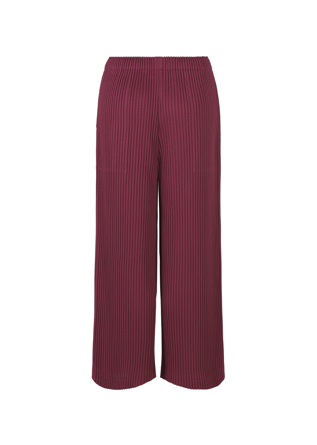 The WARM MESH PLEATS pants by me ISSEY MIYAKE feature a ribbed, textured fabric, wide-leg cut, high waist, pleated details, deep burgundy shade, and an elastic waistband. view 4 of 6