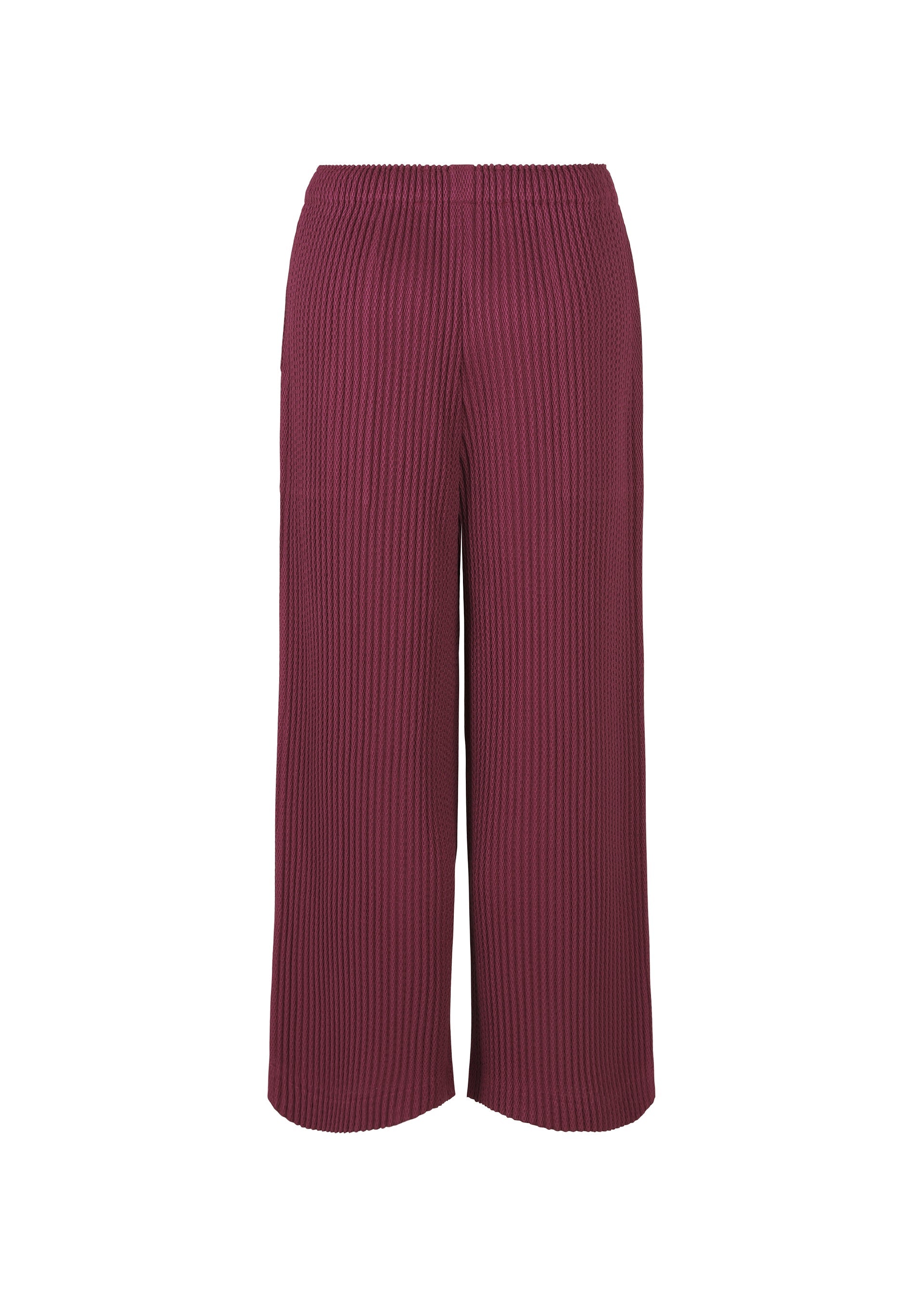 Zoomed view The WARM MESH PLEATS pants by me ISSEY MIYAKE feature a ribbed, textured fabric, wide-leg cut, high waist, pleated details, deep burgundy shade, and an elastic waistband.