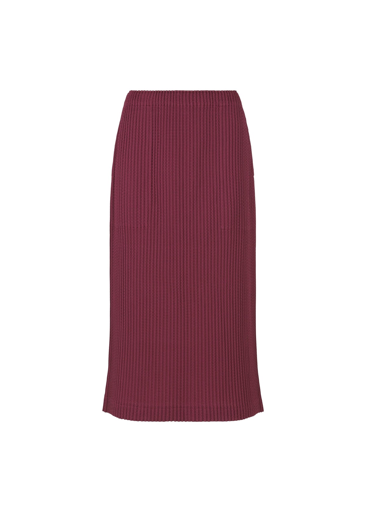 The WARM MESH PLEATS midi skirt by me ISSEY MIYAKE features a cozy, ribbed knit design with a straight slim fit and elastic waistband, shown against a plain white background. view 2 of 7