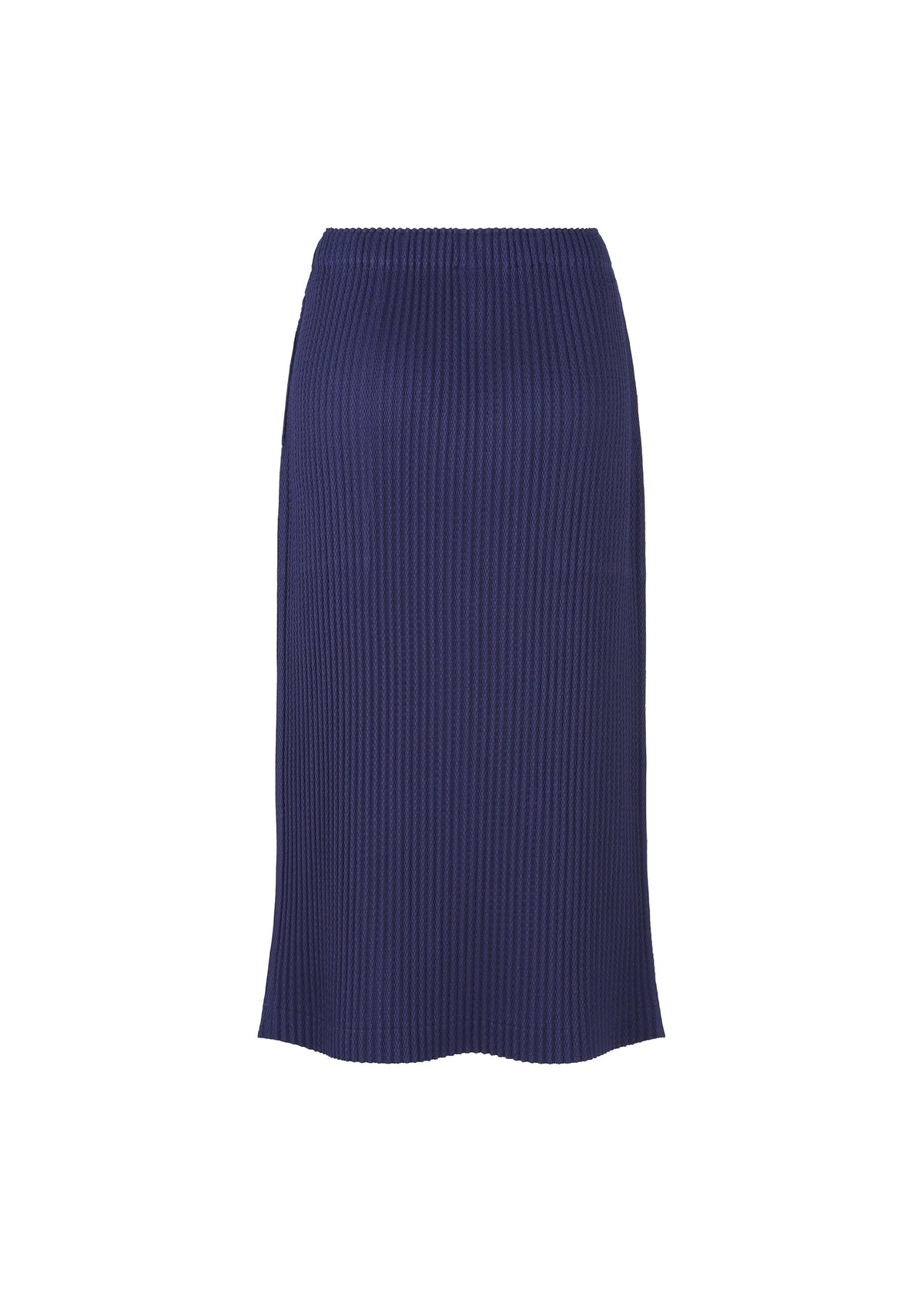 The WARM MESH PLEATS skirt by me ISSEY MIYAKE is a navy blue, knee-length piece with a straight cut and elastic waistband, offering warmth and style against a plain white background. view 4 of 7