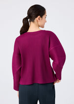 A woman with dark hair in a low ponytail is seen from the back, wearing the WARM MESH PLEATS top by me ISSEY MIYAKE and dark pinstriped pants against a plain light background.