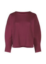 The WARM MESH PLEATS by me ISSEY MIYAKE is a loose-fitting, ribbed knit sweater in deep burgundy with long sleeves and a cozy design, shown on a plain white background. - RASPBERRY （no.23）