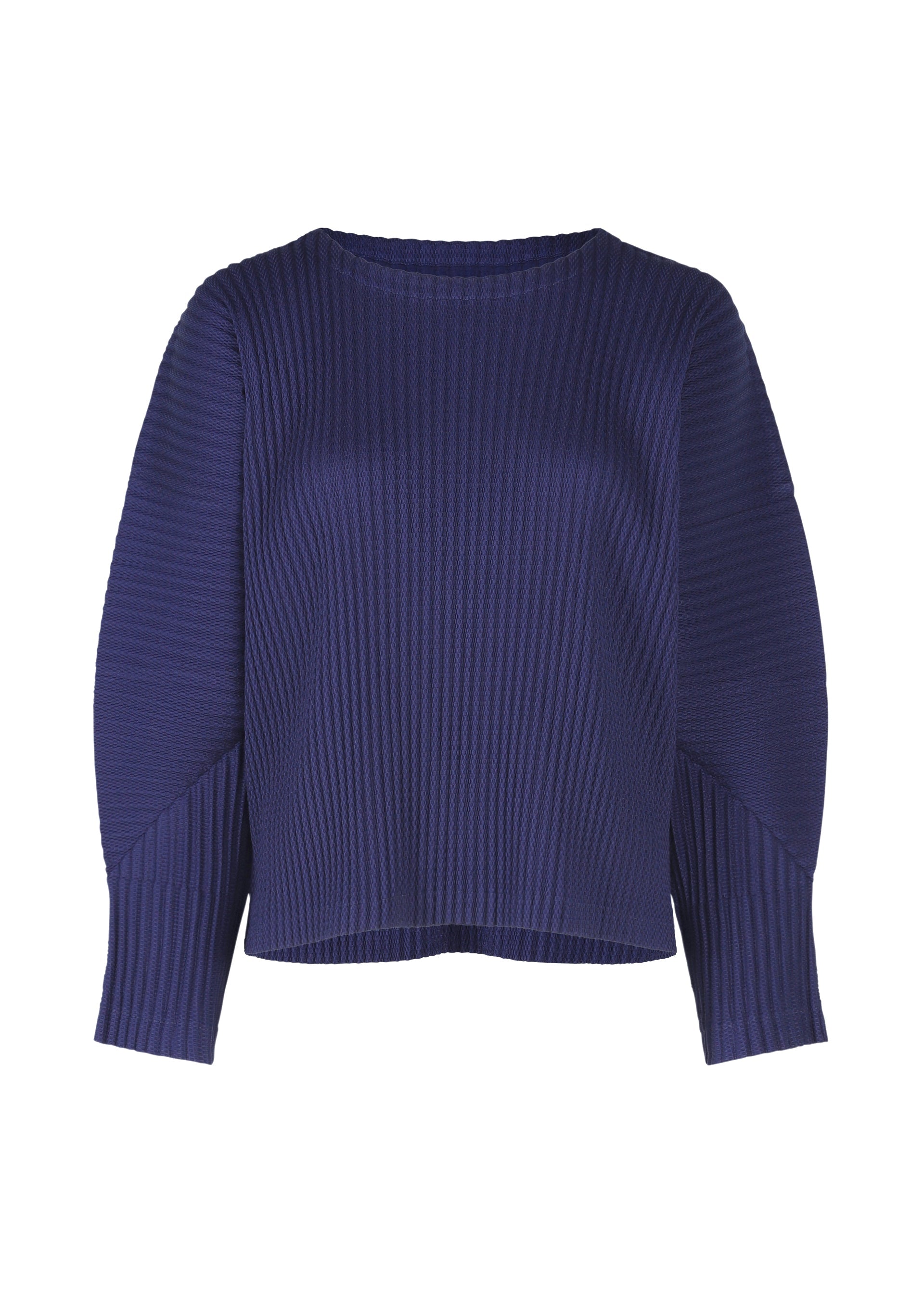 Zoomed view The WARM MESH PLEATS by me ISSEY MIYAKE is a ribbed, dark blue long-sleeved sweater with a round neckline, loose fit, and subtle pleated details, shown on a plain white background. - COBALT BLUE （no.74）