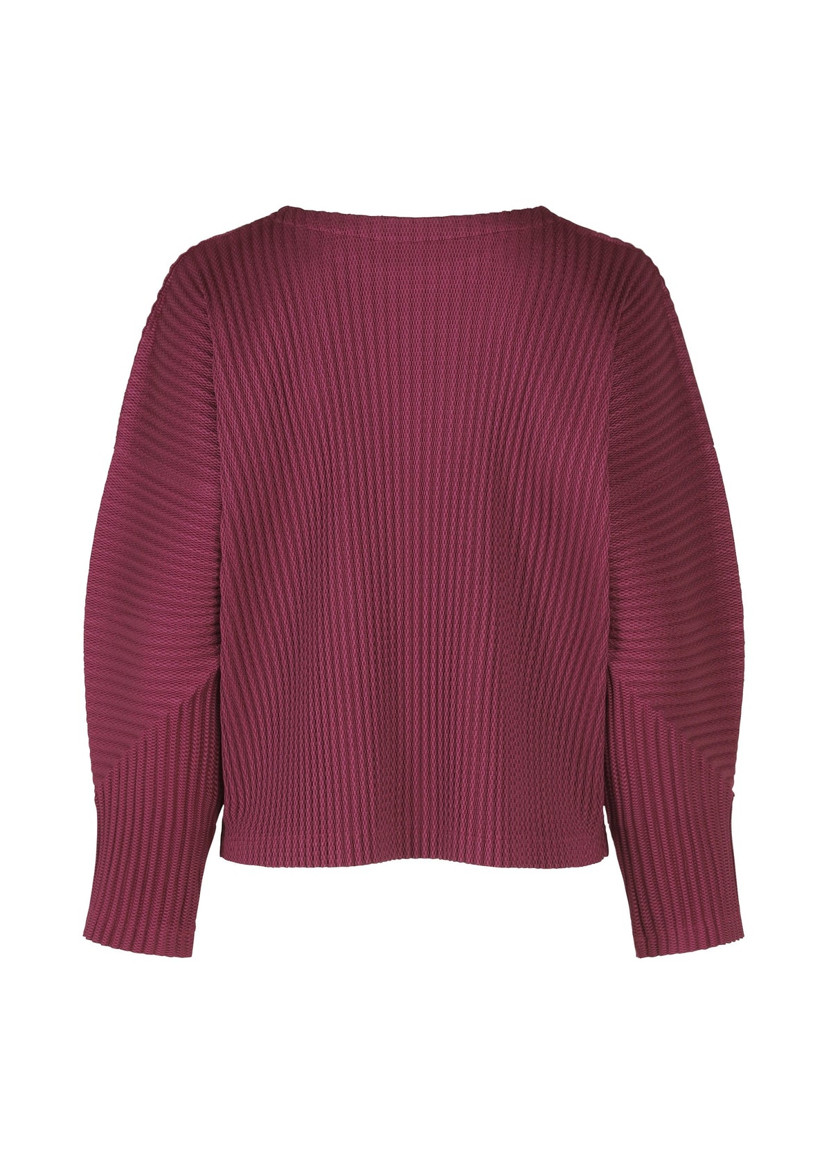 The WARM MESH PLEATS top by me ISSEY MIYAKE is a ribbed, dark magenta long-sleeve sweater with a wide neckline, relaxed boxy fit, and subtle pleated details for texture. Shown laid flat with the back facing forward. view 4 of 7