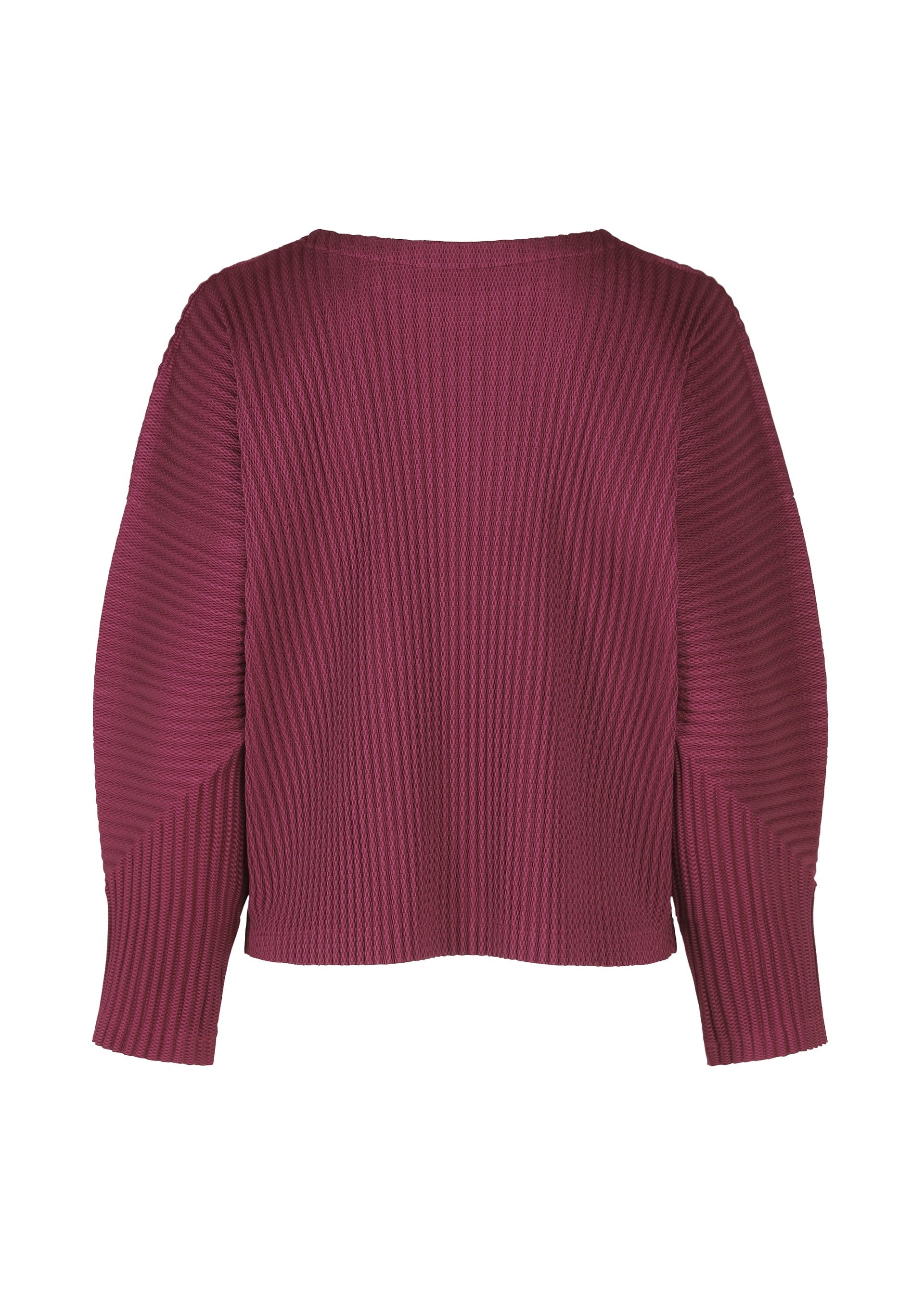 Zoomed view The WARM MESH PLEATS top by me ISSEY MIYAKE is a ribbed, dark magenta long-sleeve sweater with a wide neckline, relaxed boxy fit, and subtle pleated details for texture. Shown laid flat with the back facing forward.