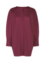 The WARM MESH PLEATS by me ISSEY MIYAKE is a dark mauve, long-sleeved, ribbed, button-down pleated cardigan shown against a white background. - RASPBERRY （no.23）