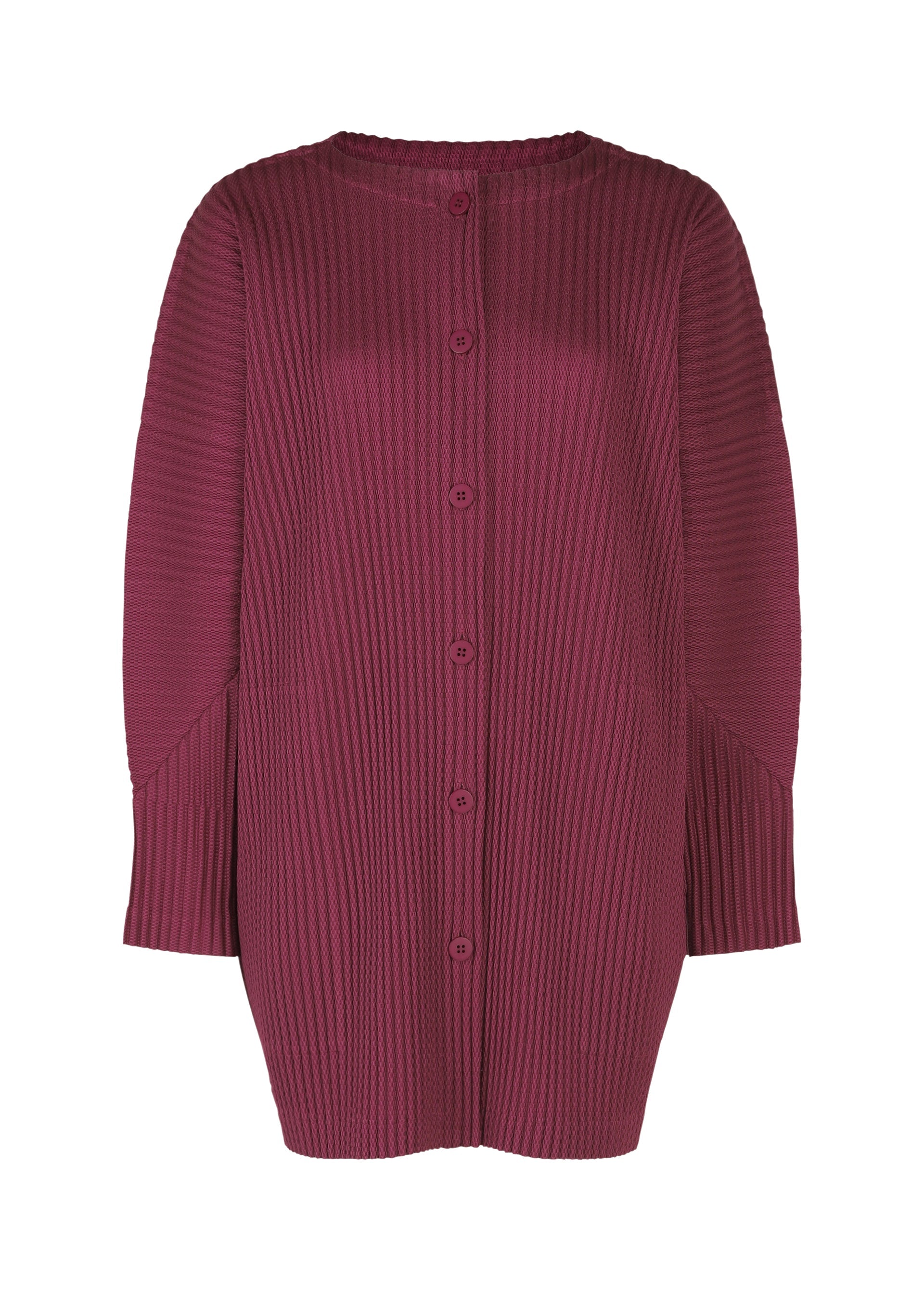 Zoomed view The WARM MESH PLEATS by me ISSEY MIYAKE is a dark mauve, long-sleeved, ribbed, button-down pleated cardigan shown against a white background. - RASPBERRY （no.23）