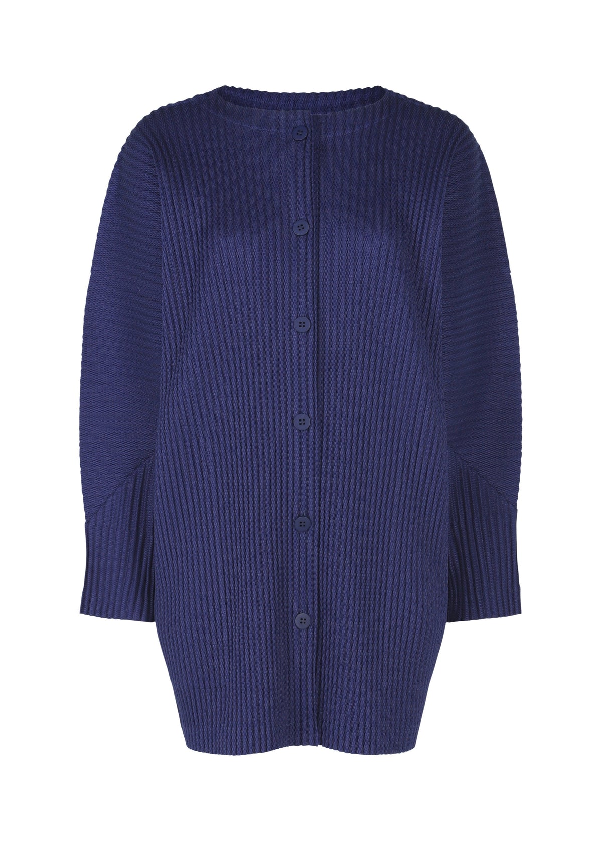The WARM MESH PLEATS by me ISSEY MIYAKE is a navy blue, long-sleeved ribbed cardigan featuring pleats, a round neckline, and matching blue buttons down the front, shown against a white background. view 3 of 7