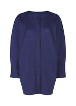 The WARM MESH PLEATS by me ISSEY MIYAKE is a navy blue, long-sleeved ribbed cardigan featuring pleats, a round neckline, and matching blue buttons down the front, shown against a white background. - COBALT BLUE （no.74）