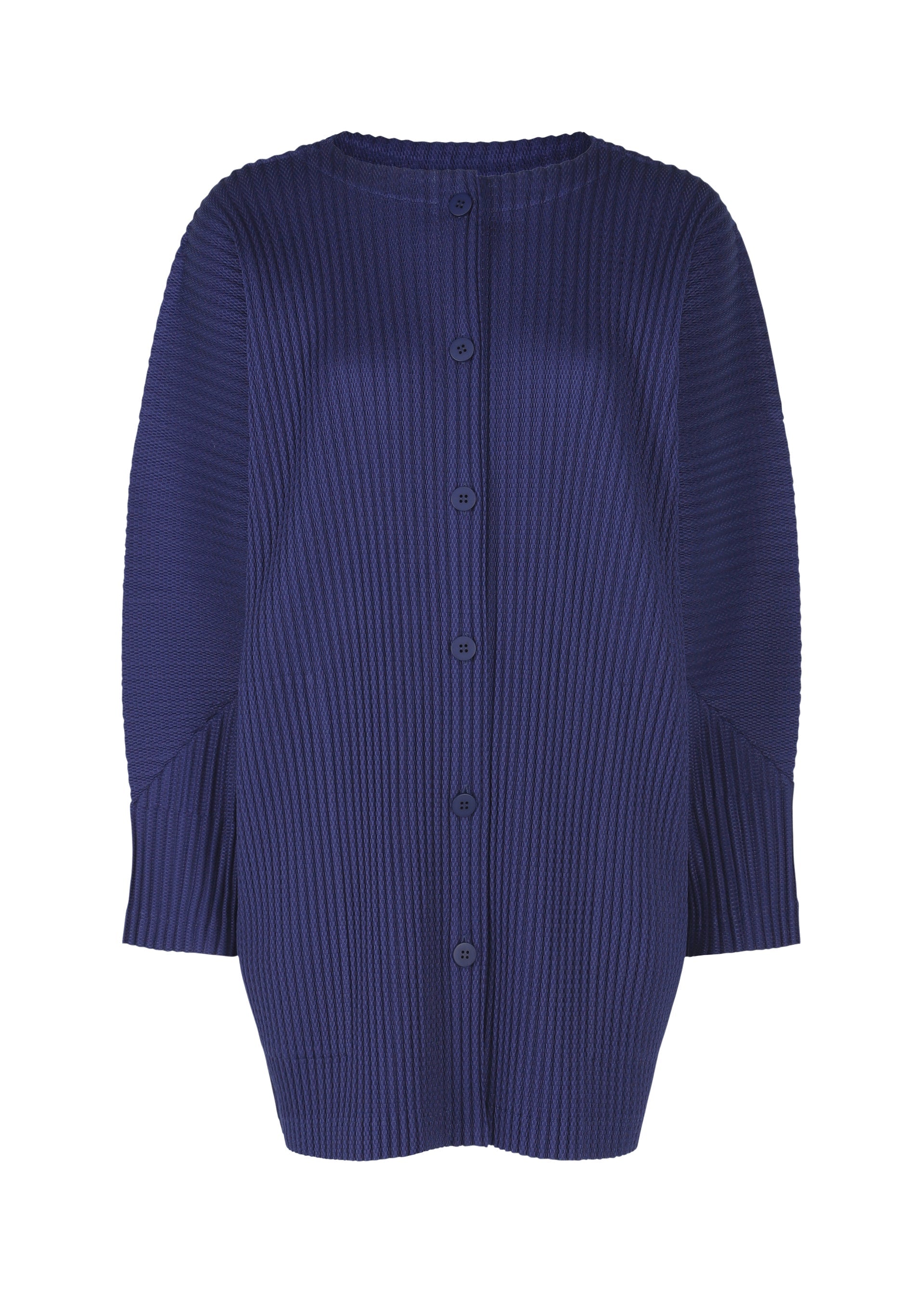 Zoomed view The WARM MESH PLEATS by me ISSEY MIYAKE is a navy blue, long-sleeved ribbed cardigan featuring pleats, a round neckline, and matching blue buttons down the front, shown against a white background. - COBALT BLUE （no.74）