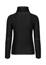The KNIT STRETCH PLEATS by me ISSEY MIYAKE is a black, long-sleeve turtleneck sweater with pleats, shown from the back against a white background.