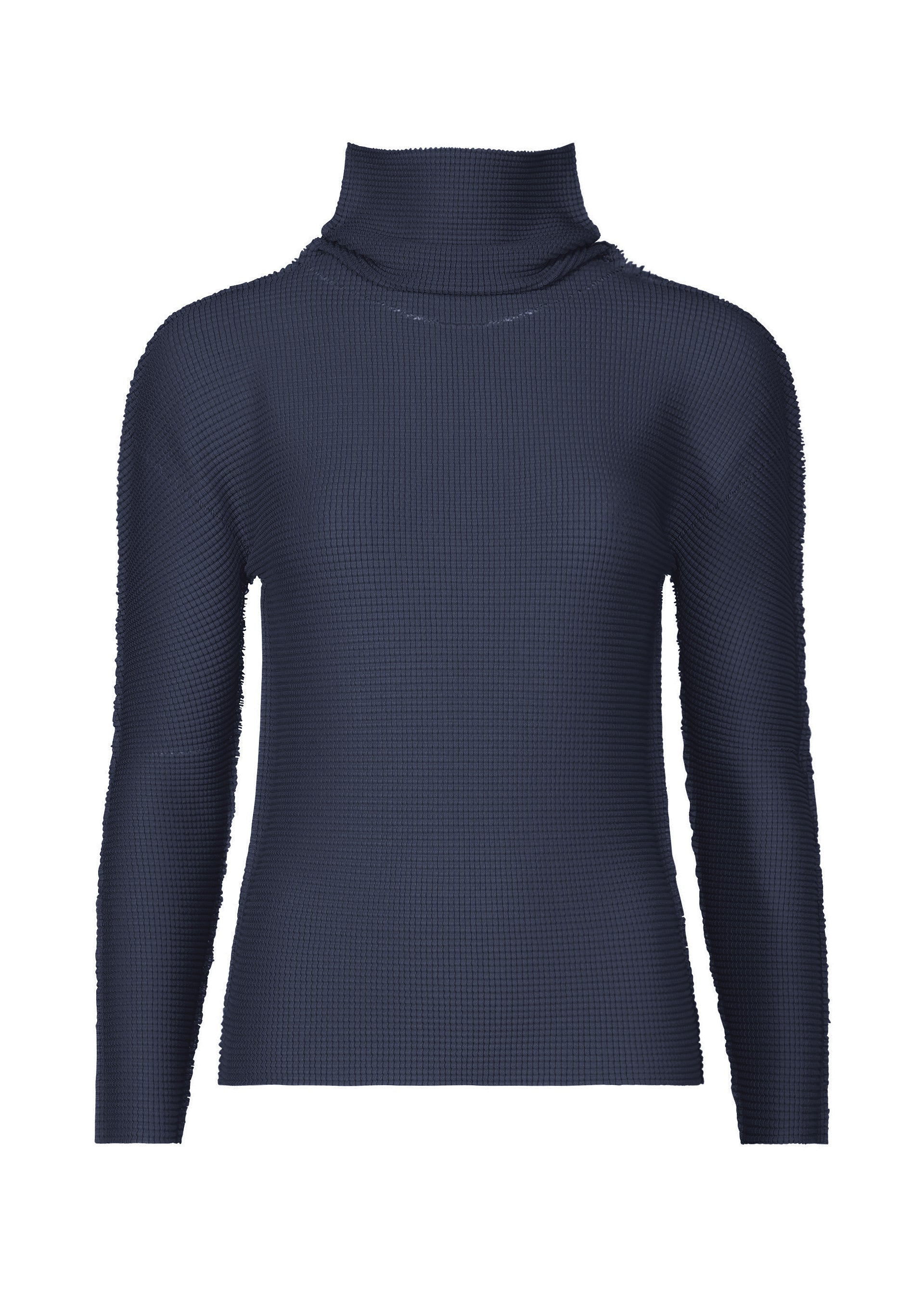 Zoomed view The KNIT STRETCH PLEATS 1 by me ISSEY MIYAKE is a navy blue long-sleeve top with a high neck and ribbed, textured pleats, shown against a plain white background. - NAVY （no.75）