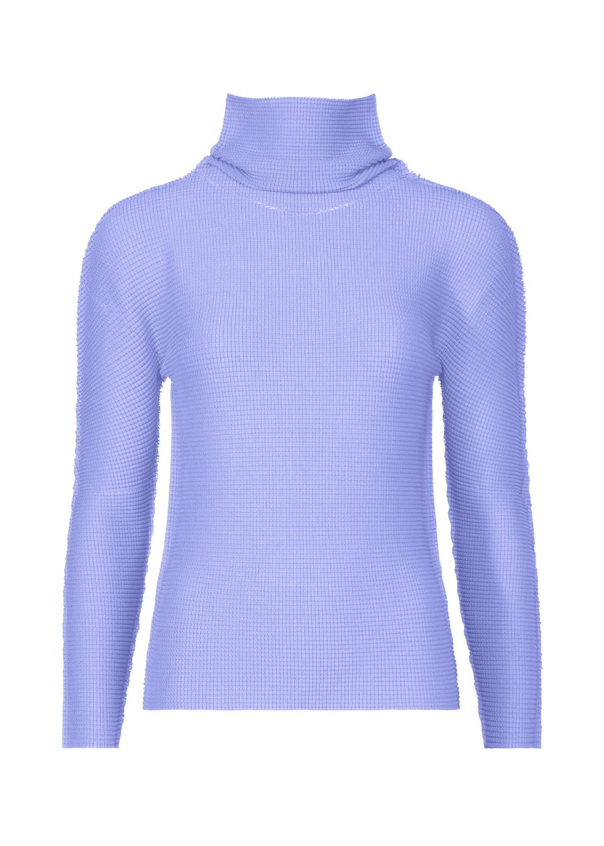 The KNIT STRETCH PLEATS 1 by me ISSEY MIYAKE is a lavender, long-sleeve high-neck top with textured ribbed pleats, shown on a plain white background. view 3 of 7