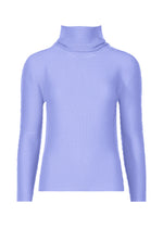 The KNIT STRETCH PLEATS 1 by me ISSEY MIYAKE is a lavender, long-sleeve high-neck top with textured ribbed pleats, shown on a plain white background. - LAVENDER （no.80）