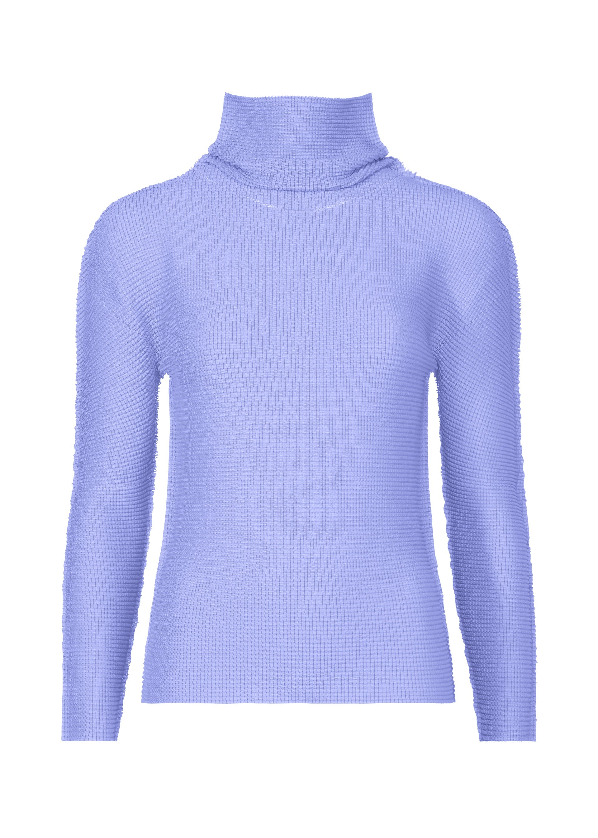 Zoomed view The KNIT STRETCH PLEATS 1 by me ISSEY MIYAKE is a lavender, long-sleeve high-neck top with textured ribbed pleats, shown on a plain white background. - LAVENDER （no.80）