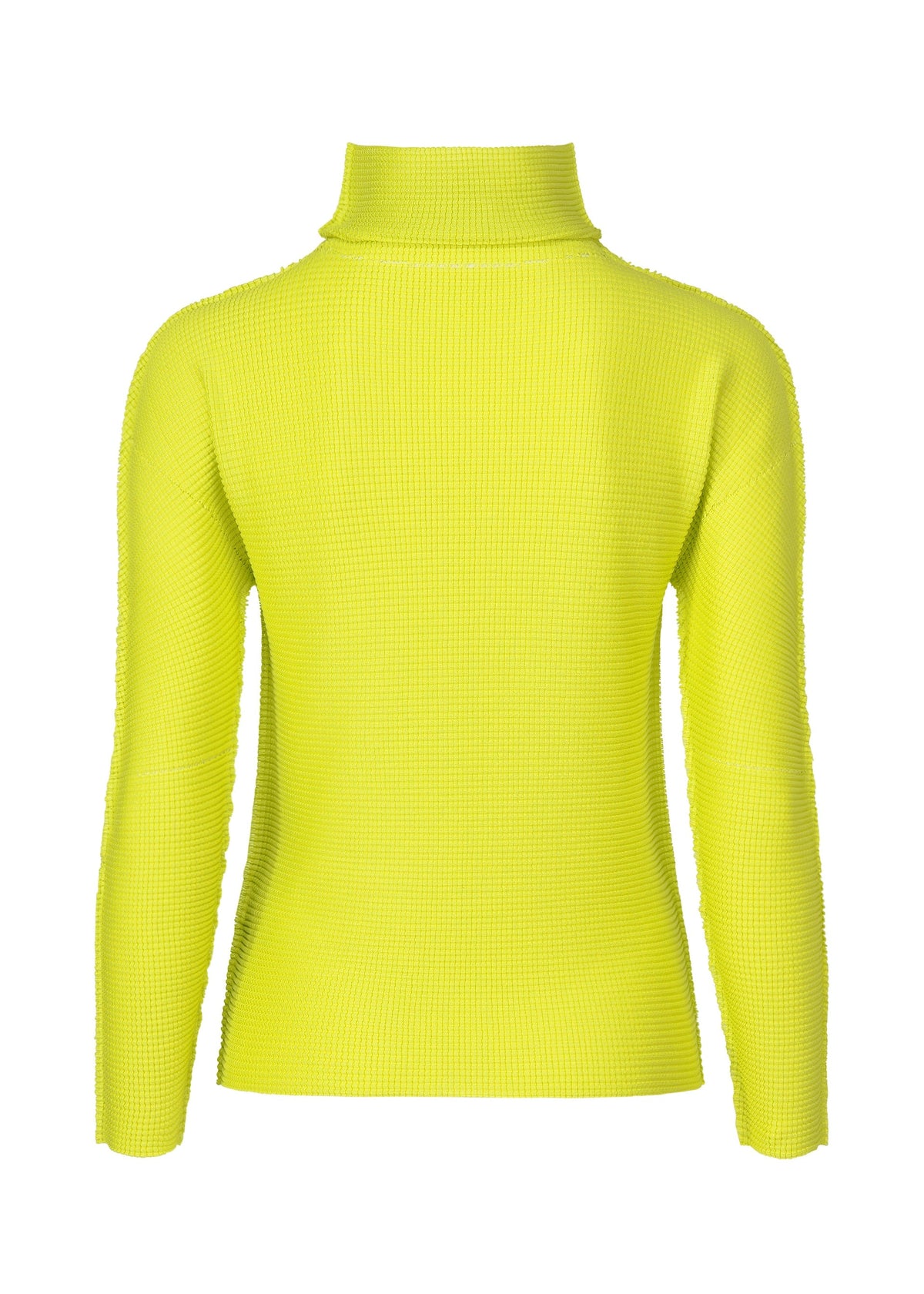 The KNIT STRETCH PLEATS 1 by me ISSEY MIYAKE is a bright yellow long-sleeve top with a high neck, shown from the back against a plain white background. view 4 of 7