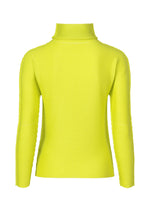 The KNIT STRETCH PLEATS 1 by me ISSEY MIYAKE is a bright yellow long-sleeve top with a high neck, shown from the back against a plain white background.