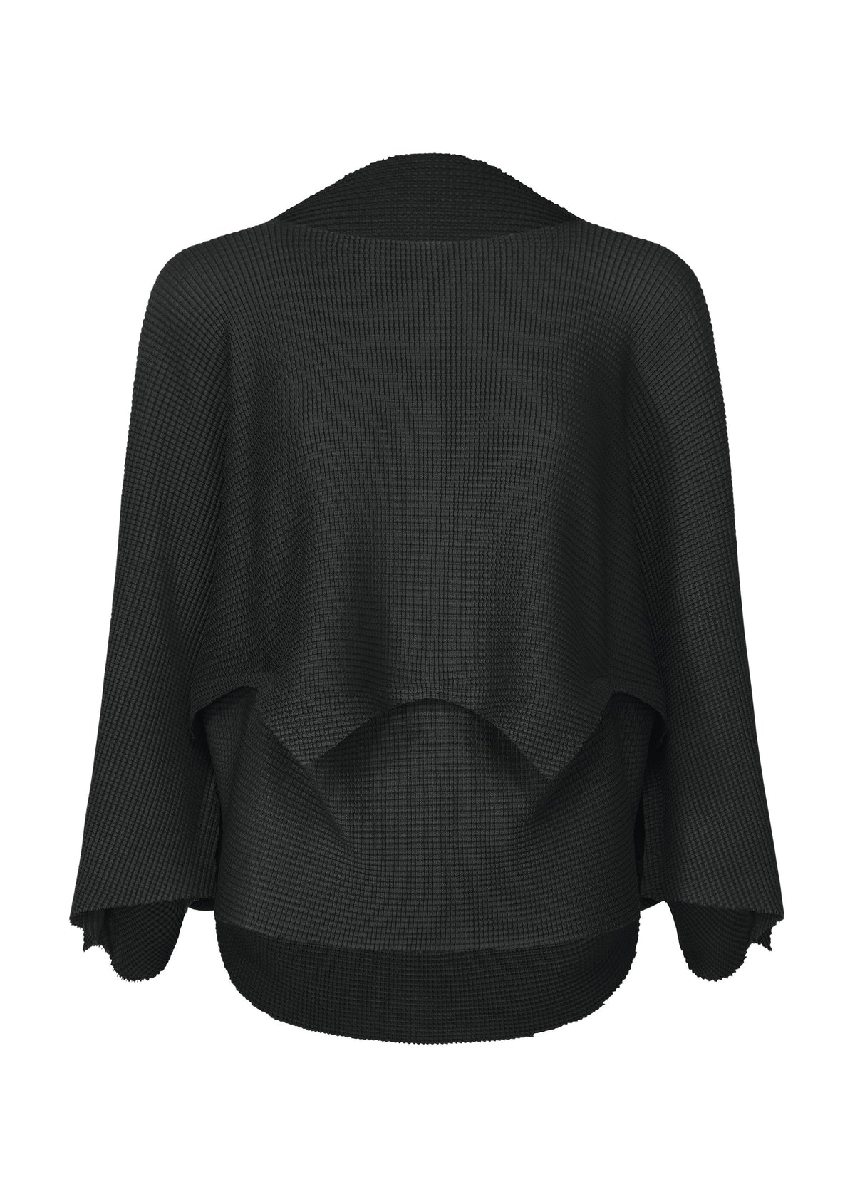 Back view of the GIZA GIZA KNIT STRETCH PLEATS by me ISSEY MIYAKE: a black, loose-fit textured cardigan with wide sleeves and an asymmetrical draped hem, shown on a white background. view 1 of 8