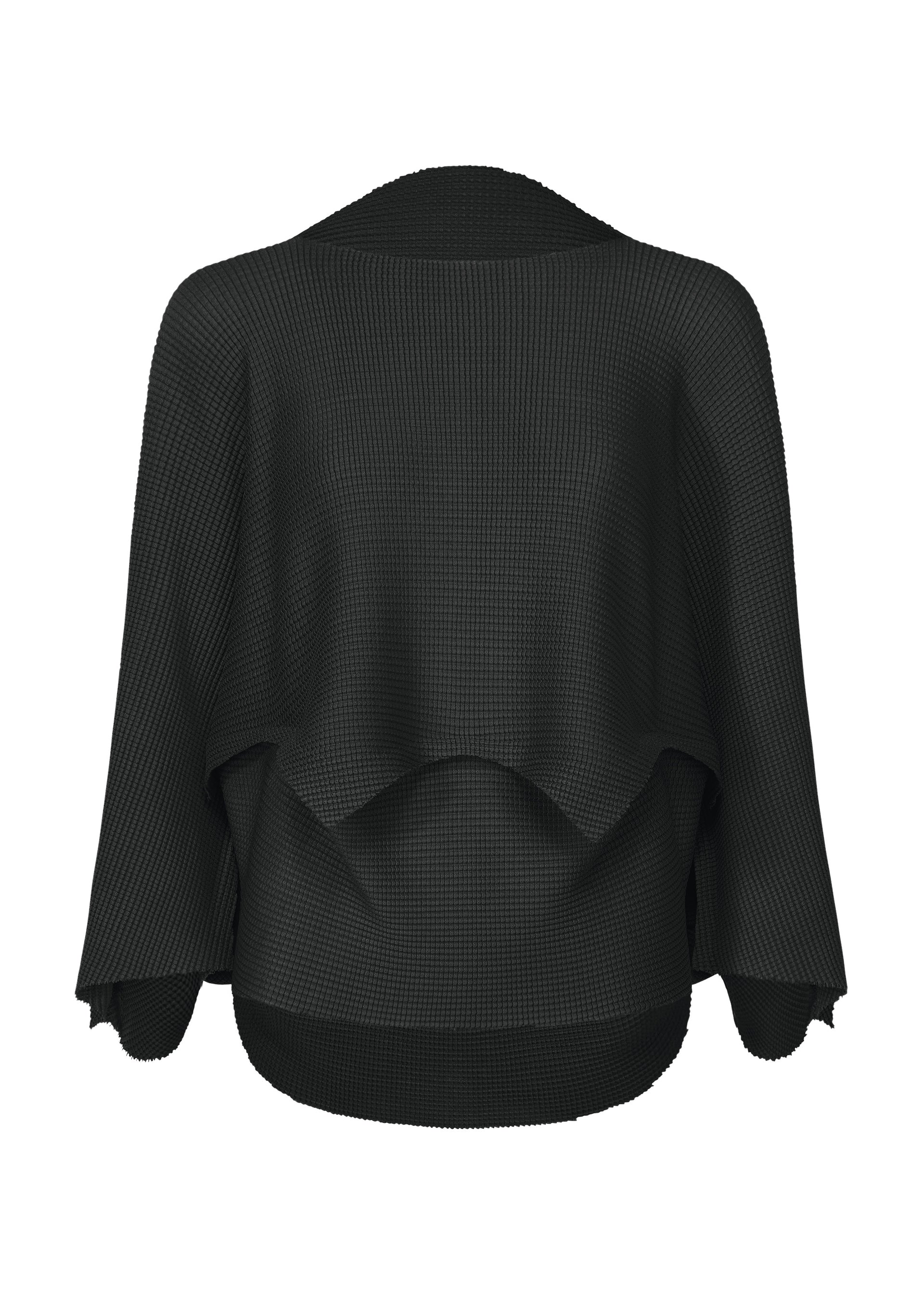 Zoomed view Back view of the GIZA GIZA KNIT STRETCH PLEATS by me ISSEY MIYAKE: a black, loose-fit textured cardigan with wide sleeves and an asymmetrical draped hem, shown on a white background. - BLACK （no.15）