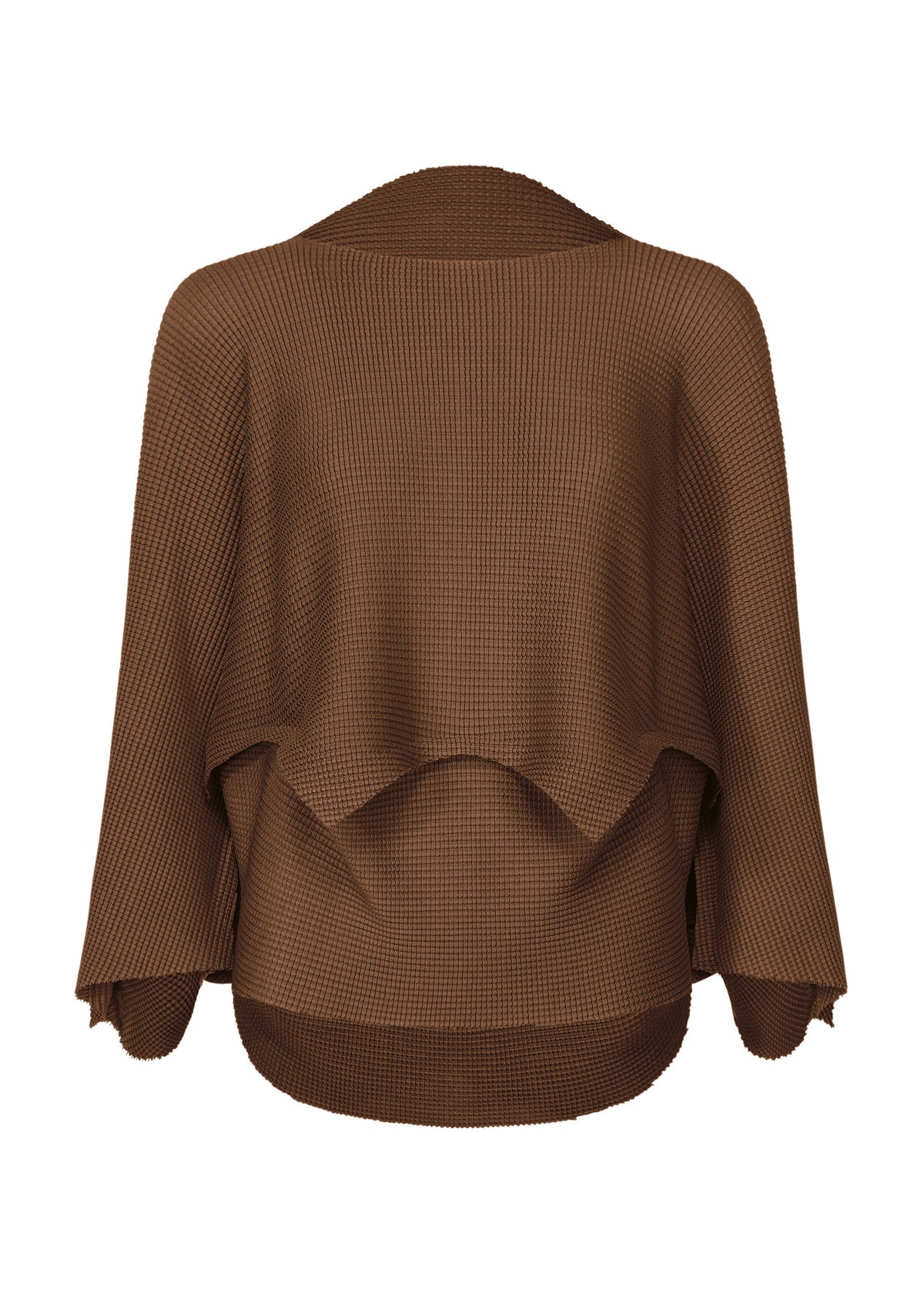 The GIZA GIZA KNIT STRETCH PLEATS top by me ISSEY MIYAKE features brown textured knit, loose draped sleeves, a wide neckline, and an uneven hem. Shown from the back on a white background. view 2 of 8