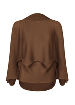 The GIZA GIZA KNIT STRETCH PLEATS top by me ISSEY MIYAKE features brown textured knit, loose draped sleeves, a wide neckline, and an uneven hem. Shown from the back on a white background. - BROWN （no.44）