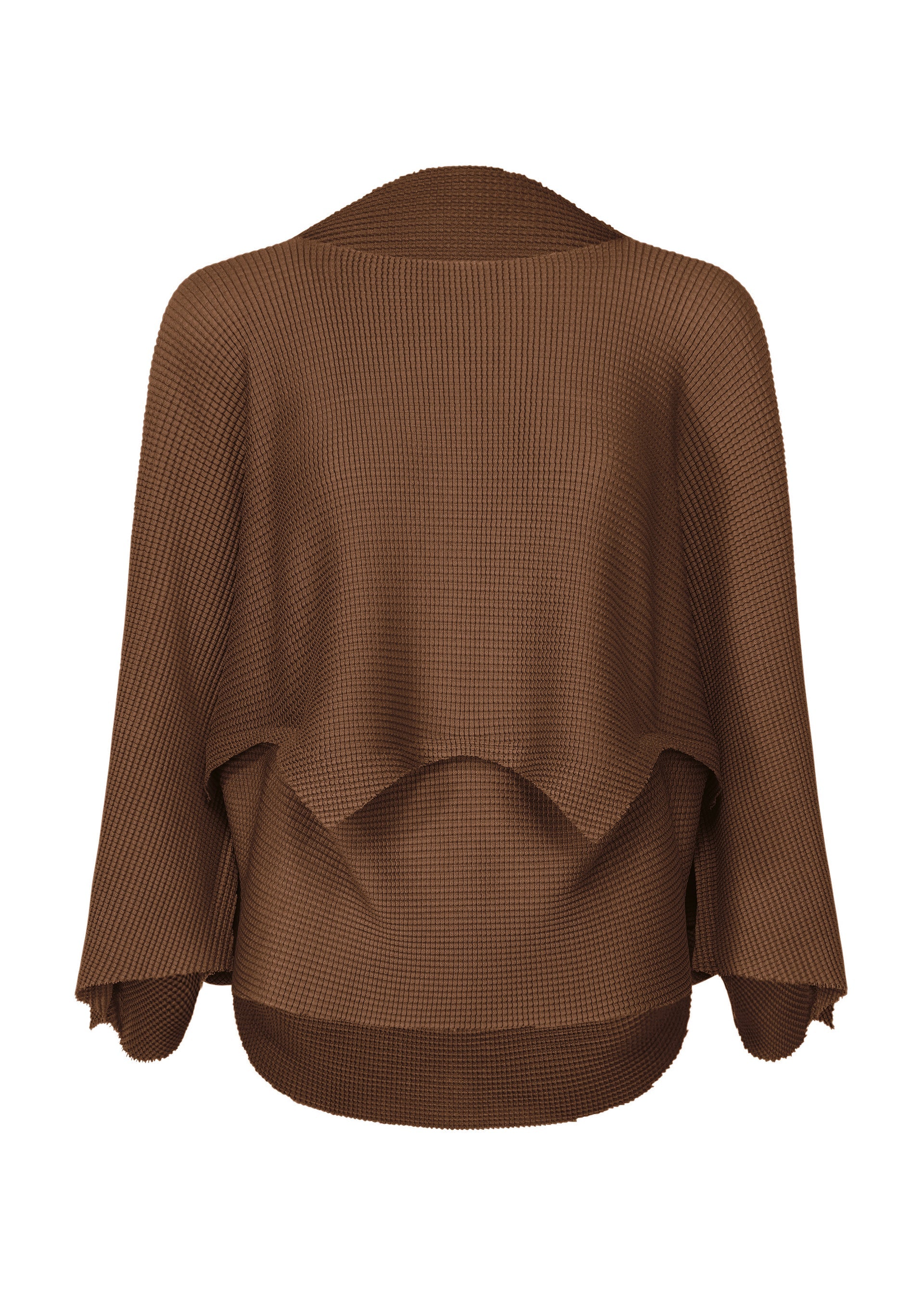 Zoomed view The GIZA GIZA KNIT STRETCH PLEATS top by me ISSEY MIYAKE features brown textured knit, loose draped sleeves, a wide neckline, and an uneven hem. Shown from the back on a white background. - BROWN （no.44）