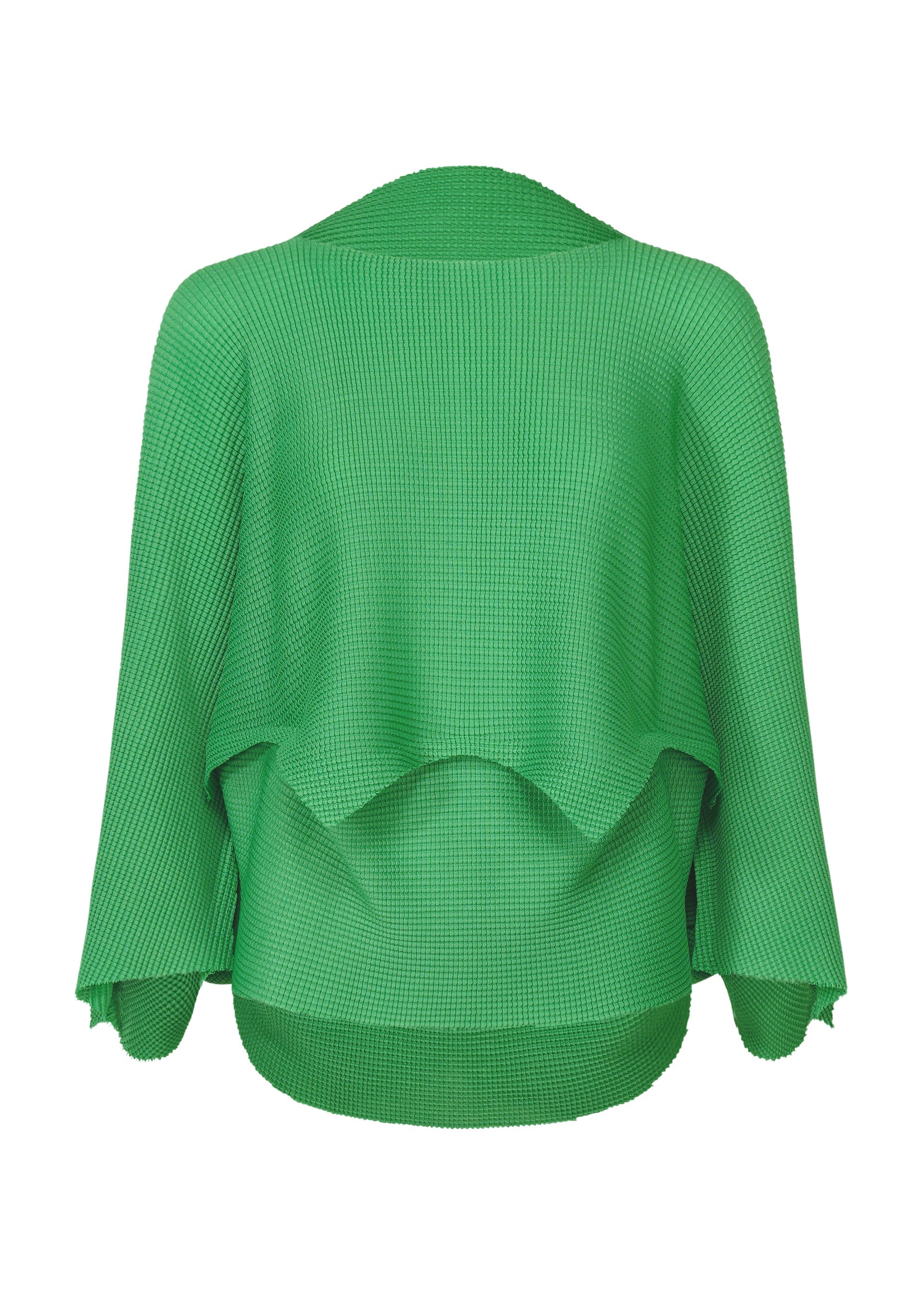 Zoomed view The GIZA GIZA KNIT STRETCH PLEATS top by me ISSEY MIYAKE is shown from the back in vibrant green, with long sleeves, soft pleats, an asymmetrical hem, and a relaxed, loose fit. - COBALT GREEN （no.64）