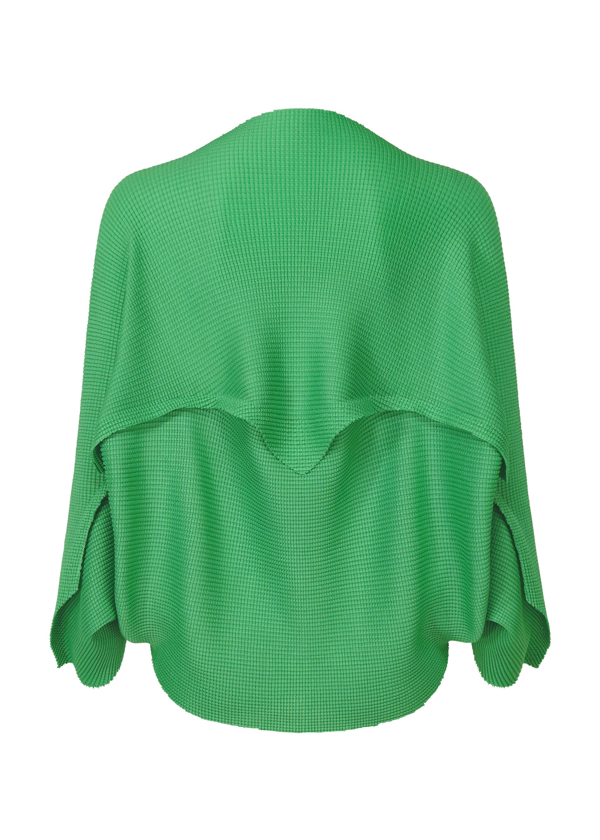 Zoomed view The GIZA GIZA KNIT STRETCH PLEATS by me ISSEY MIYAKE is a vibrant green, textured knit fabric with soft, flowing pleats reminiscent of a shawl or cape, elegantly displayed against a white background.