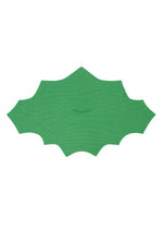 A green GIZA GIZA KNIT STRETCH PLEATS top from me ISSEY MIYAKE, featuring a symmetrical bat-like pleated shape with jagged edges and a small horizontal slit at the center.