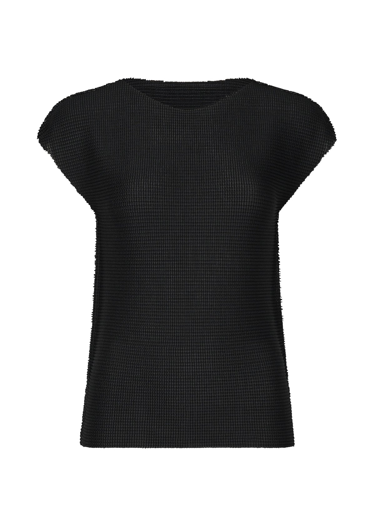 The me ISSEY MIYAKE KNIT STRETCH PLEATS is a black, short-sleeved, waffle-textured round neck top with subtle pleats and French sleeves, shown on a plain white background. view 2 of 6