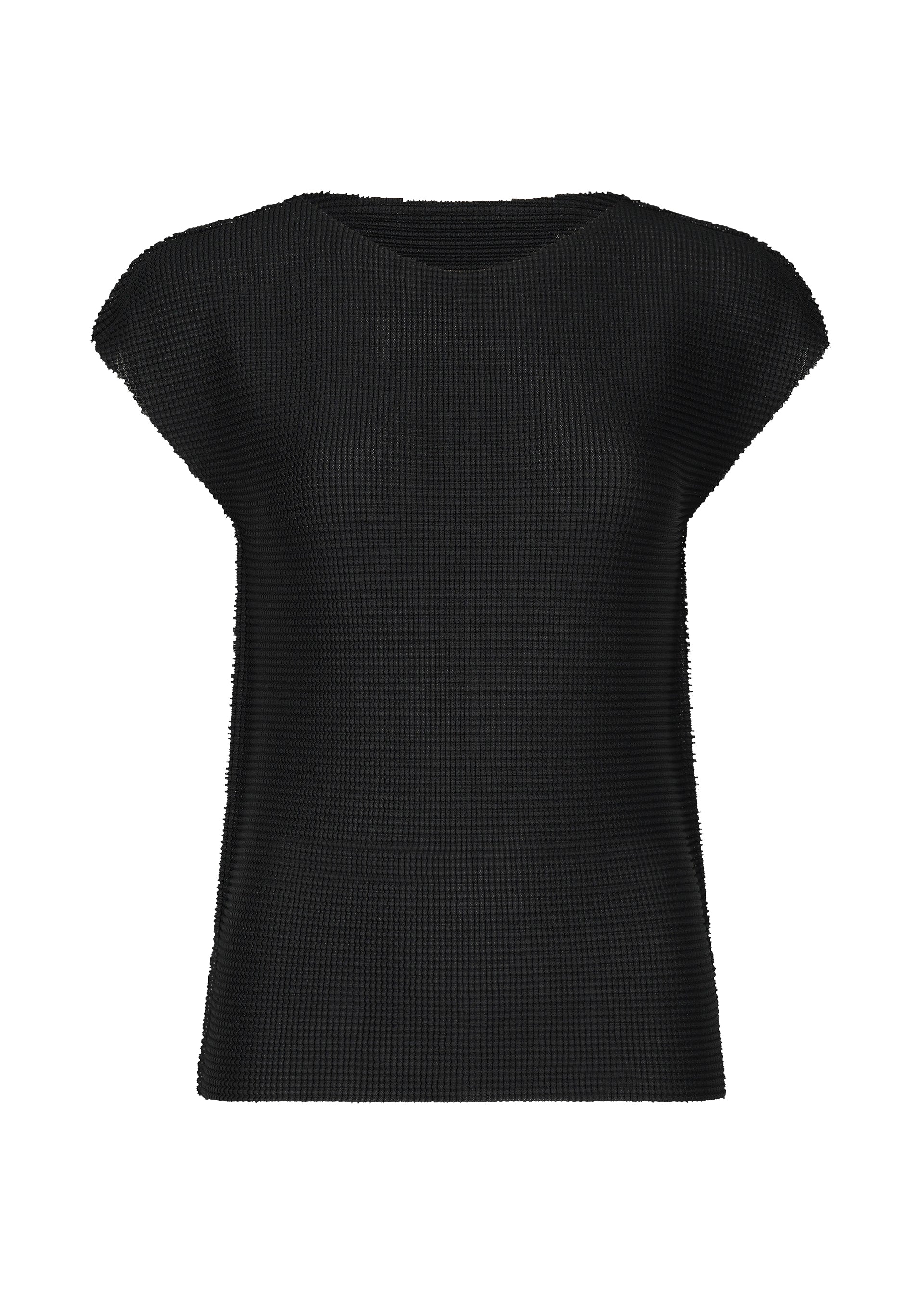 Zoomed view The me ISSEY MIYAKE KNIT STRETCH PLEATS is a black, short-sleeved, waffle-textured round neck top with subtle pleats and French sleeves, shown on a plain white background. - BLACK （no.15）