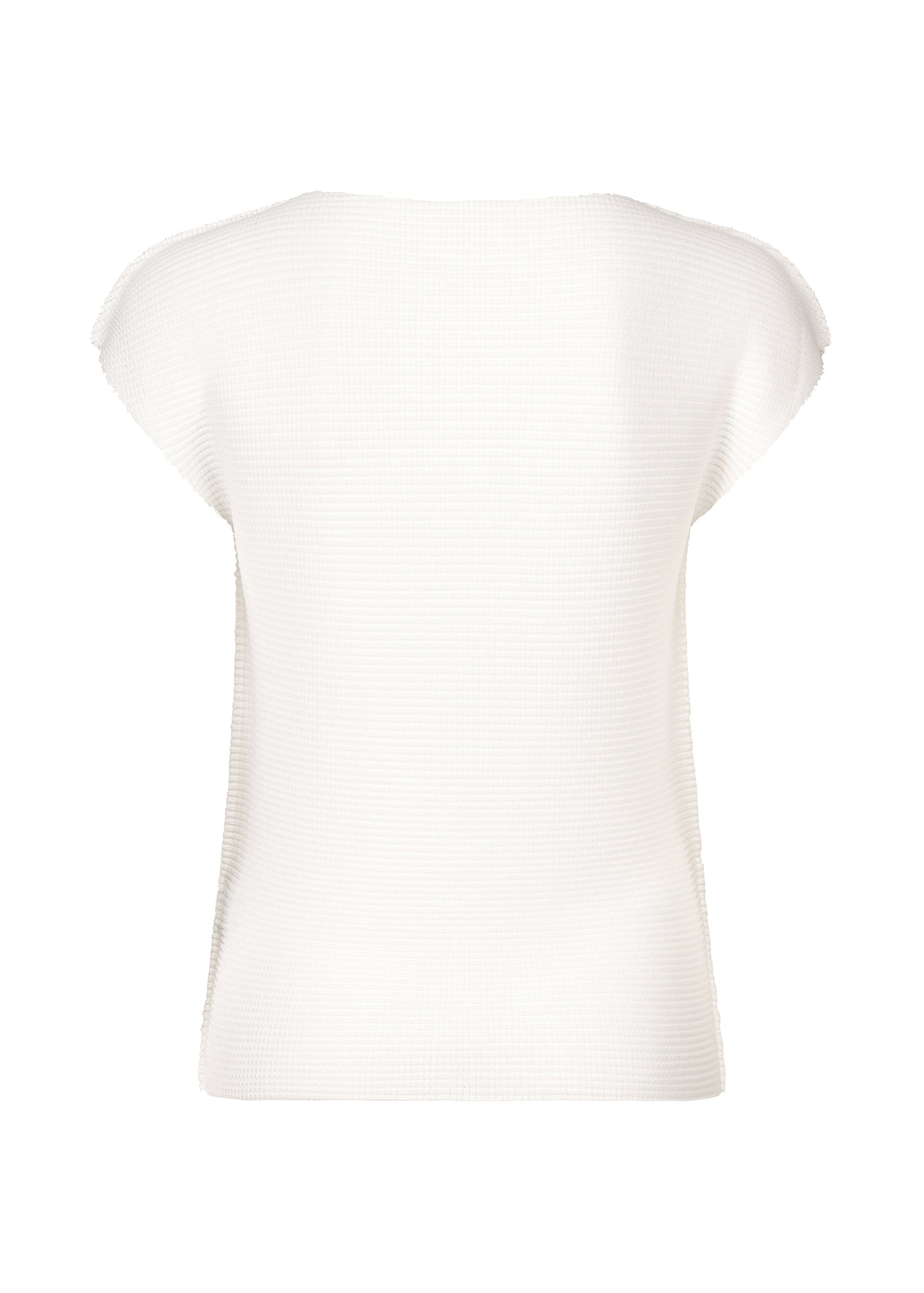 Zoomed view The KNIT STRETCH PLEATS top by me ISSEY MIYAKE is a white, textured round neck style with French sleeves and extended shoulder seams, shown from the back against a plain background for a modern minimalist look.