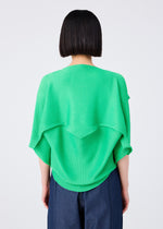 Seen from behind against a plain white background, a person with short, straight black hair wears the me ISSEY MIYAKE GIZA GIZA KNIT STRETCH PLEATS French-sleeve top in bright green and dark blue pants.