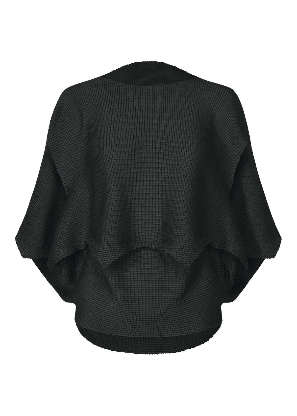 Back view of the me ISSEY MIYAKE GIZA GIZA KNIT STRETCH PLEATS cardigan in black, with a loose fit, soft textured knit, wide draped sleeves, and an open flowy design, shown against a plain white background. view 1 of 9